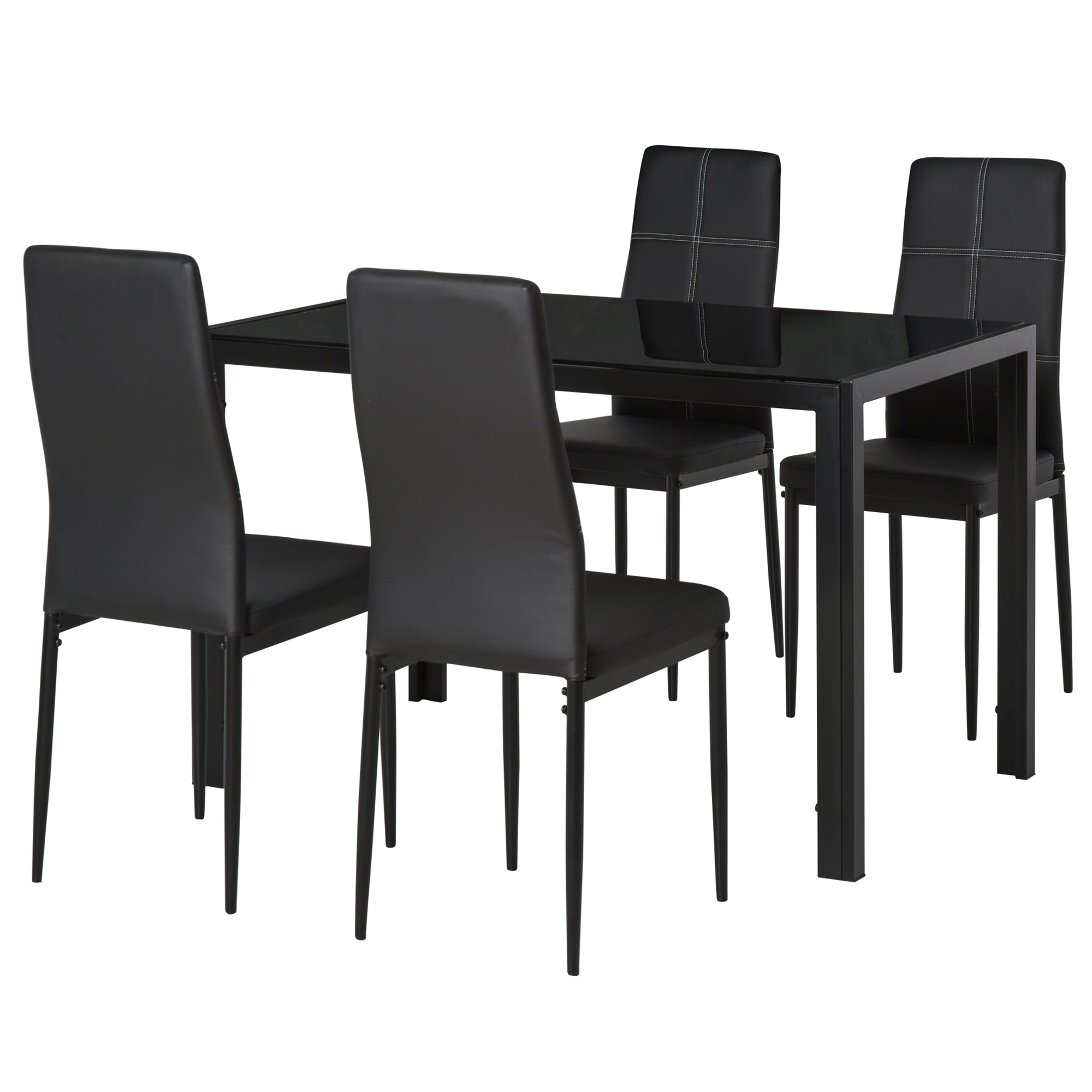 5-Piece Rectangular Glass Kitchen Table and Chairs with Metal Frame and Faux Leather Upholstery for Dining Room, Black