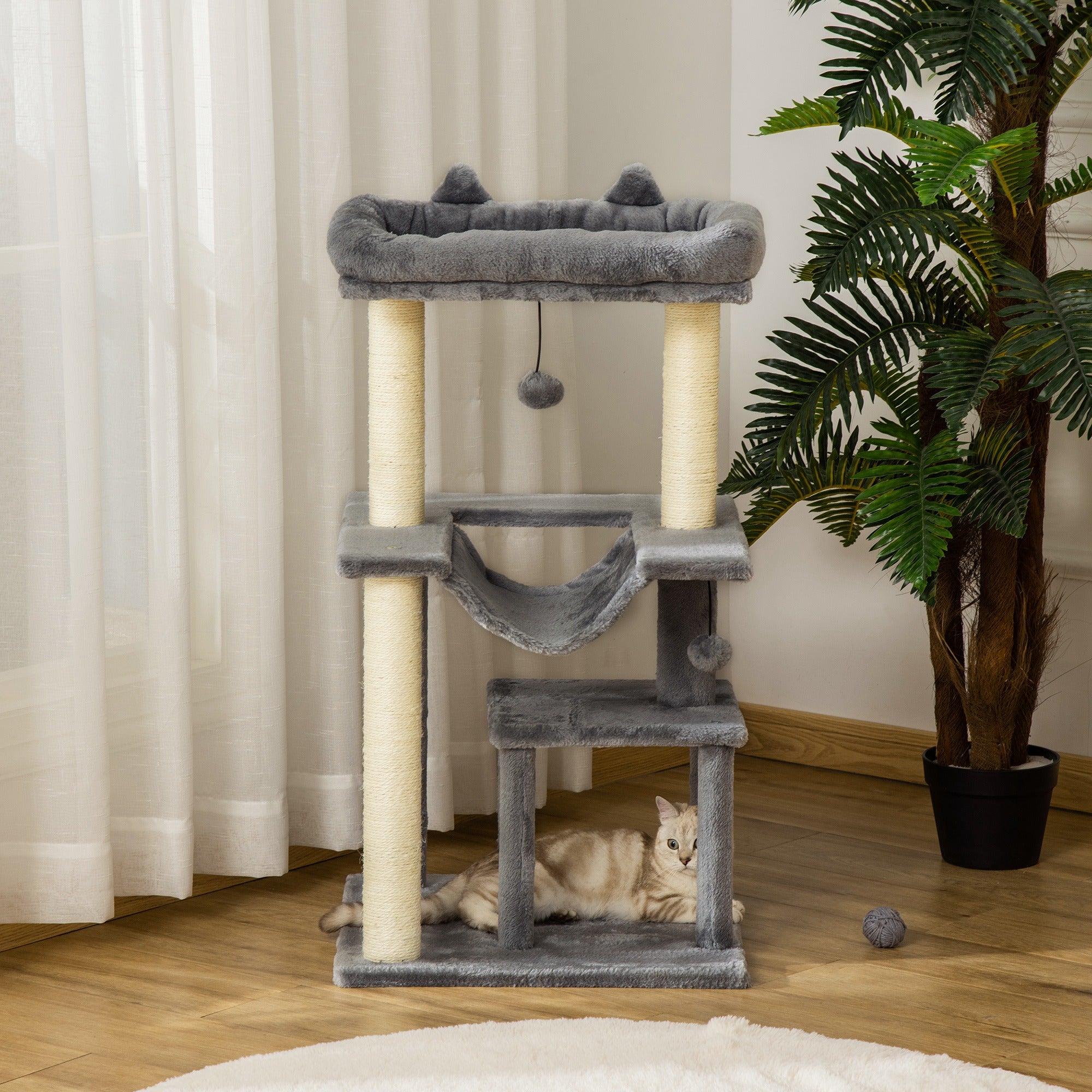 39.25'' Cat Tree Tower Multi-Level Kitten House with Scratching Post Condo Hammock Bed Ball Toy - Grey