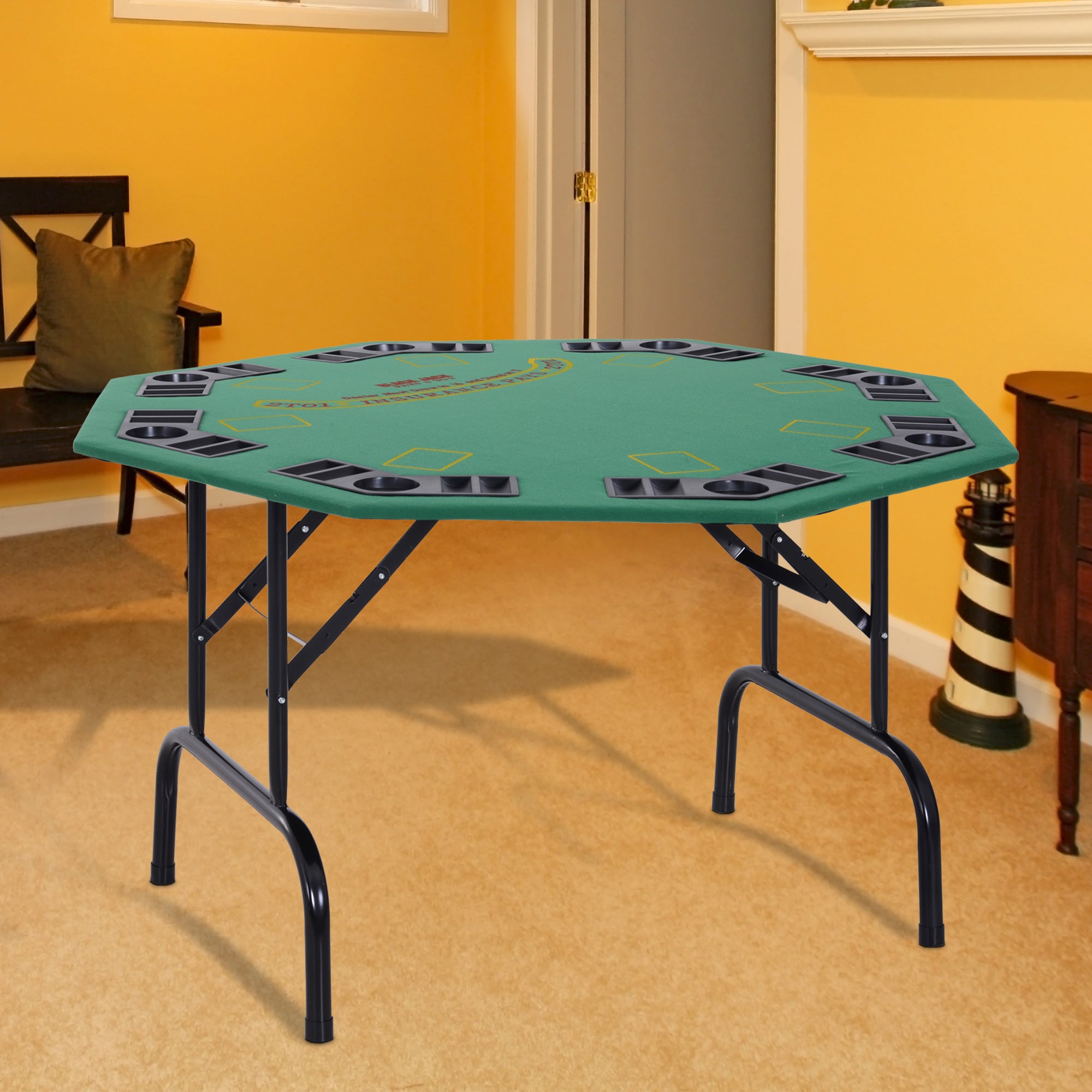 Soozier Folding Poker Table, 47" Octagon Blackjack Poker Game Table for 8 Players with Cup Holders, Green