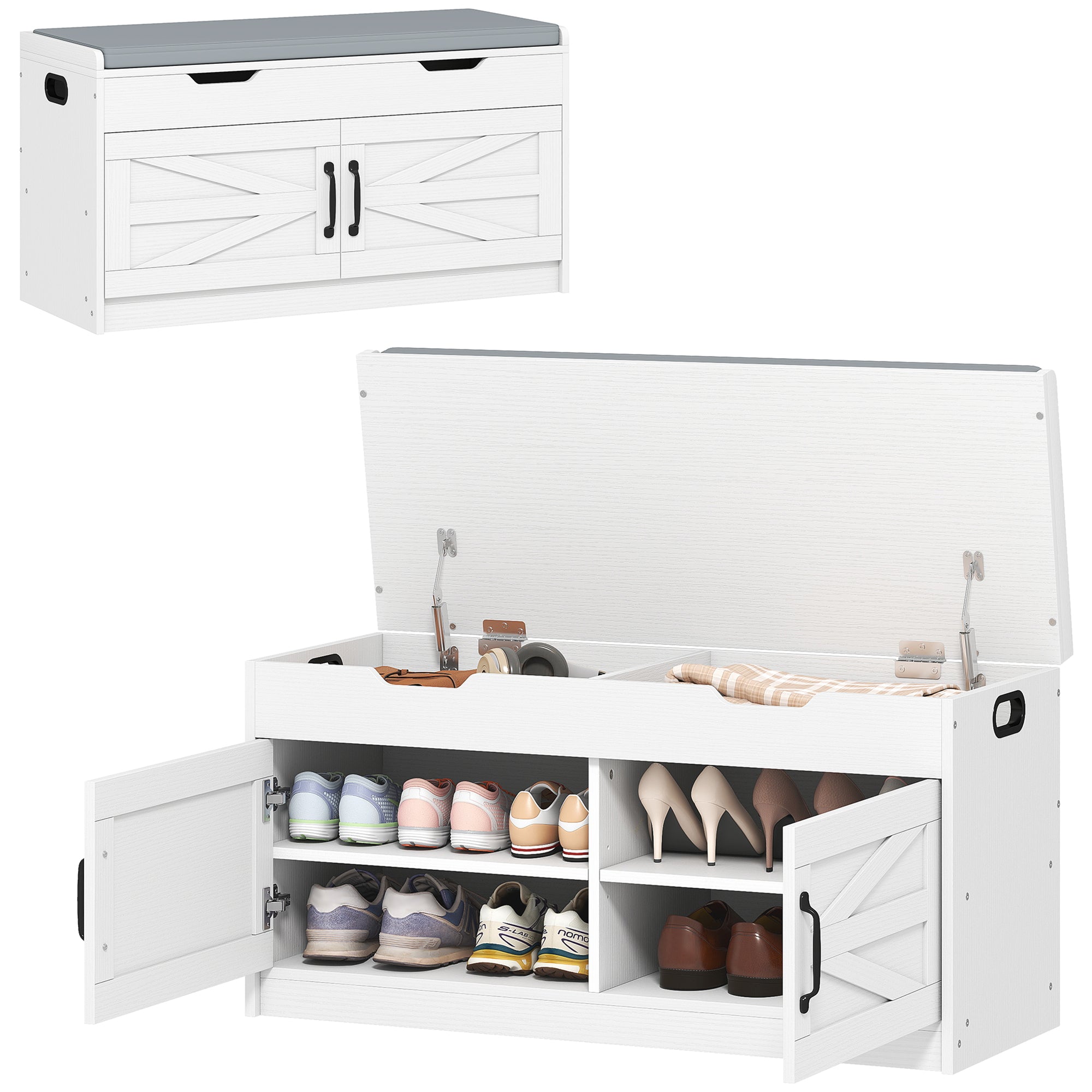 Shoe Storage Bench, Entryway Bench with 2-Tier Cabinet, Flip-Top Storage, Padded Cushion for Hallway, White