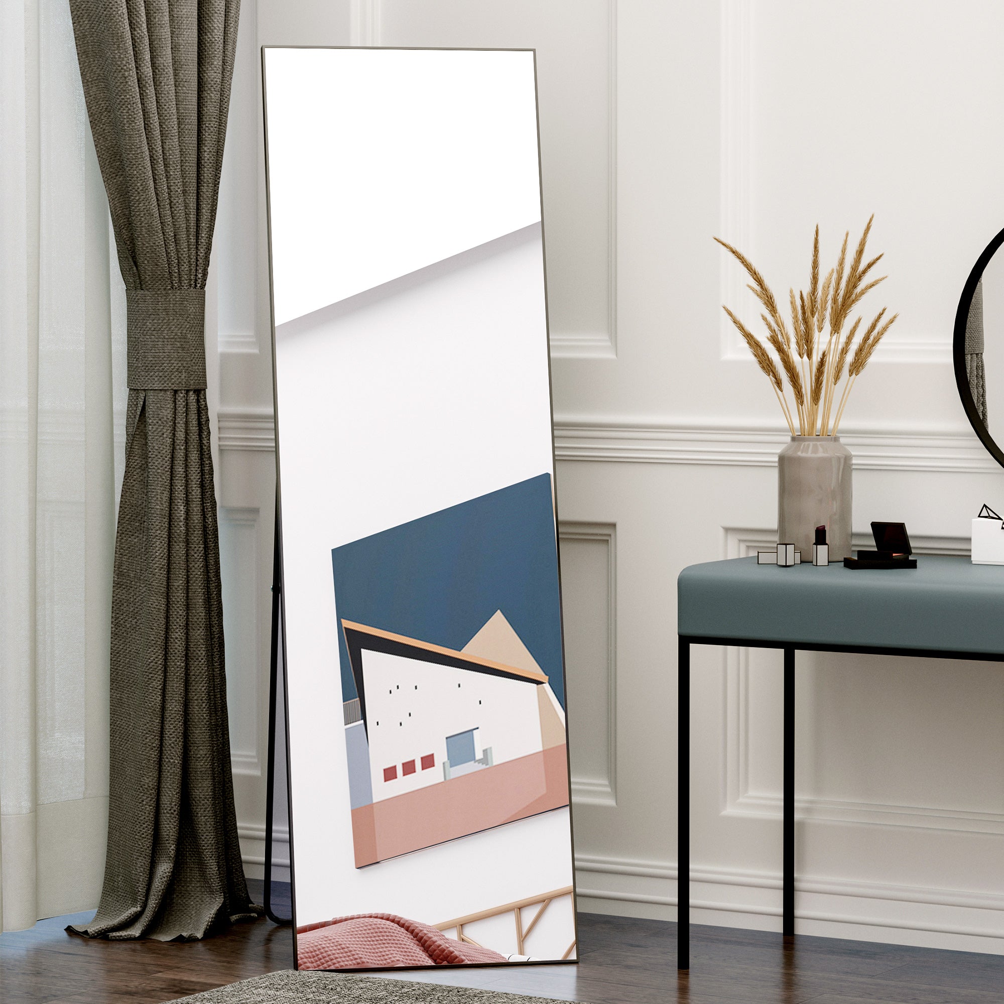 64"x20" Full Length Mirror, Floor Standing, Wall-Mounted or Leaning Against Wall Tall Mirror w/Support Frame, Rectangular Full Body Mirror for Bedroom, Living Room, Black