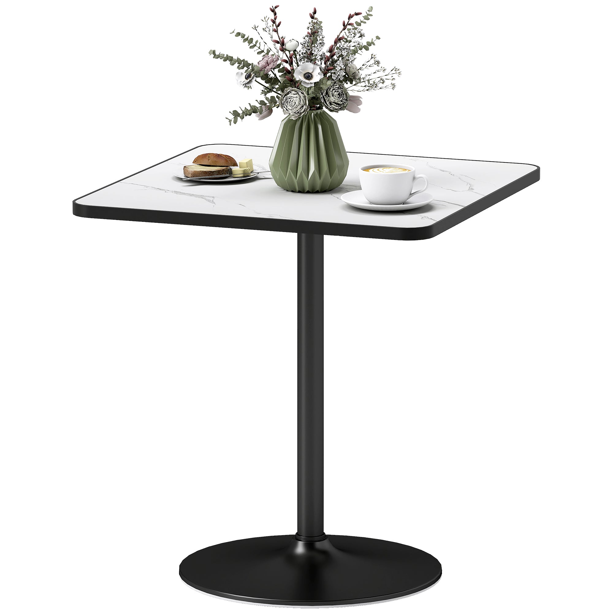 Dining Table for 4, Modern Kitchen Table with Marble Effect Tabletop and Round Base, White