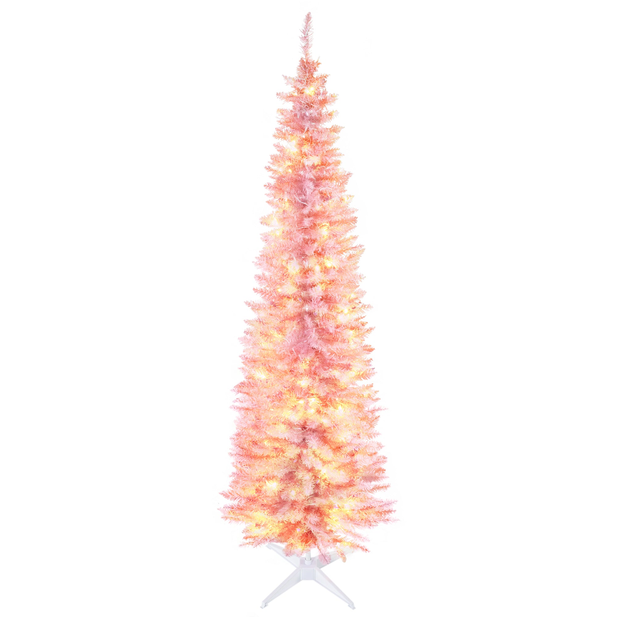 7' Pre Lit Artificial Pencil Christmas Trees, Xmas Tree with Realistic Branches and Warm White LED Lights, Pink