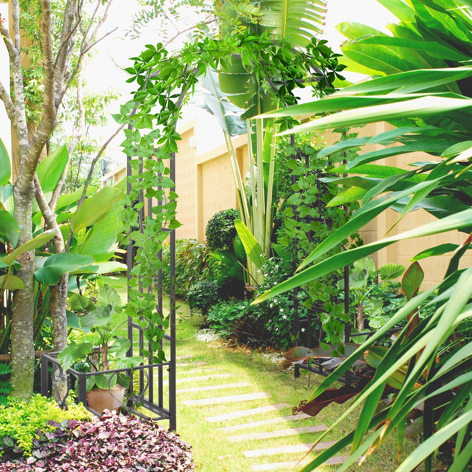 7FT Metal Garden Arch with 2 Planter Boxes, Decorative Outdoor Walkway Arbor for Climbing Vine Plants for Patio Backyard Lawn Party Ceremony, Dark Grey