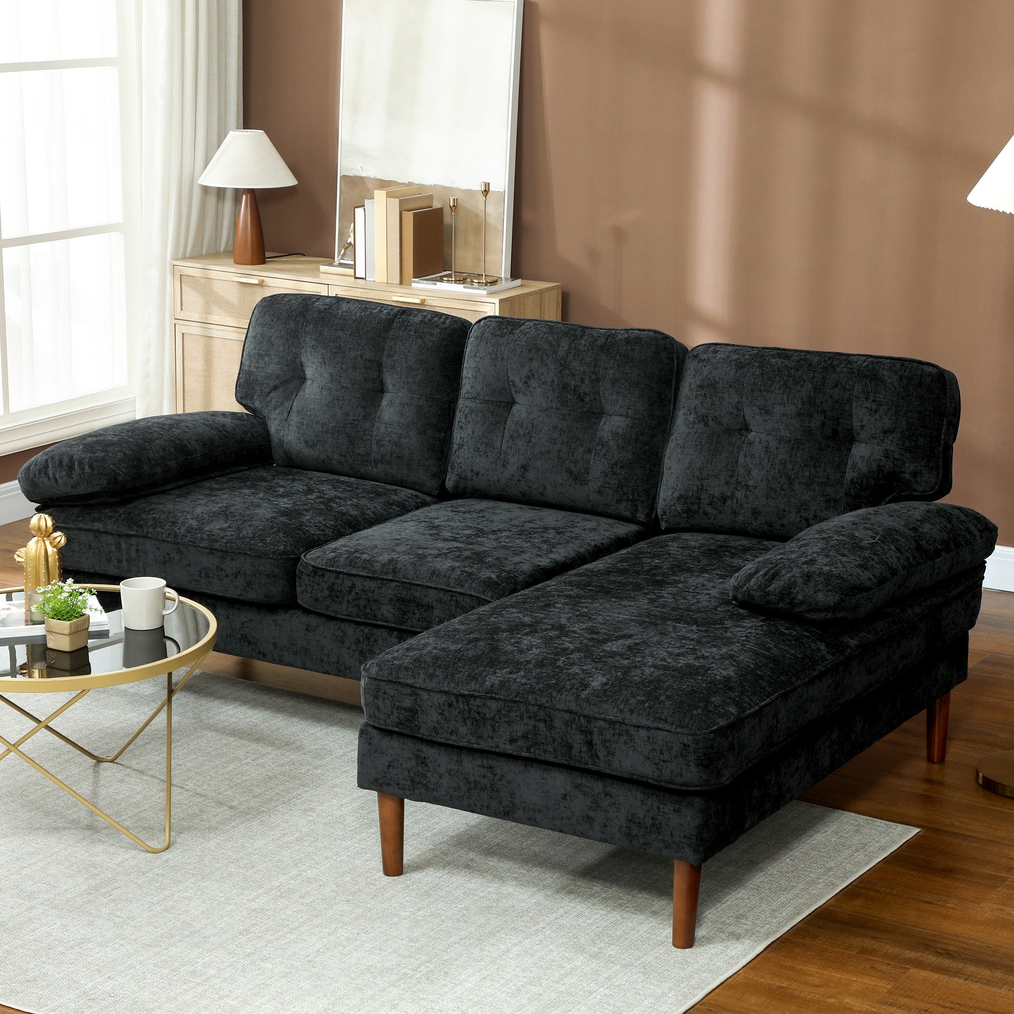 Modern Corner Couch with Right Chaise Lounge, Tufted 3-Seater Sofa with Wooden Legs for Living Room, Black