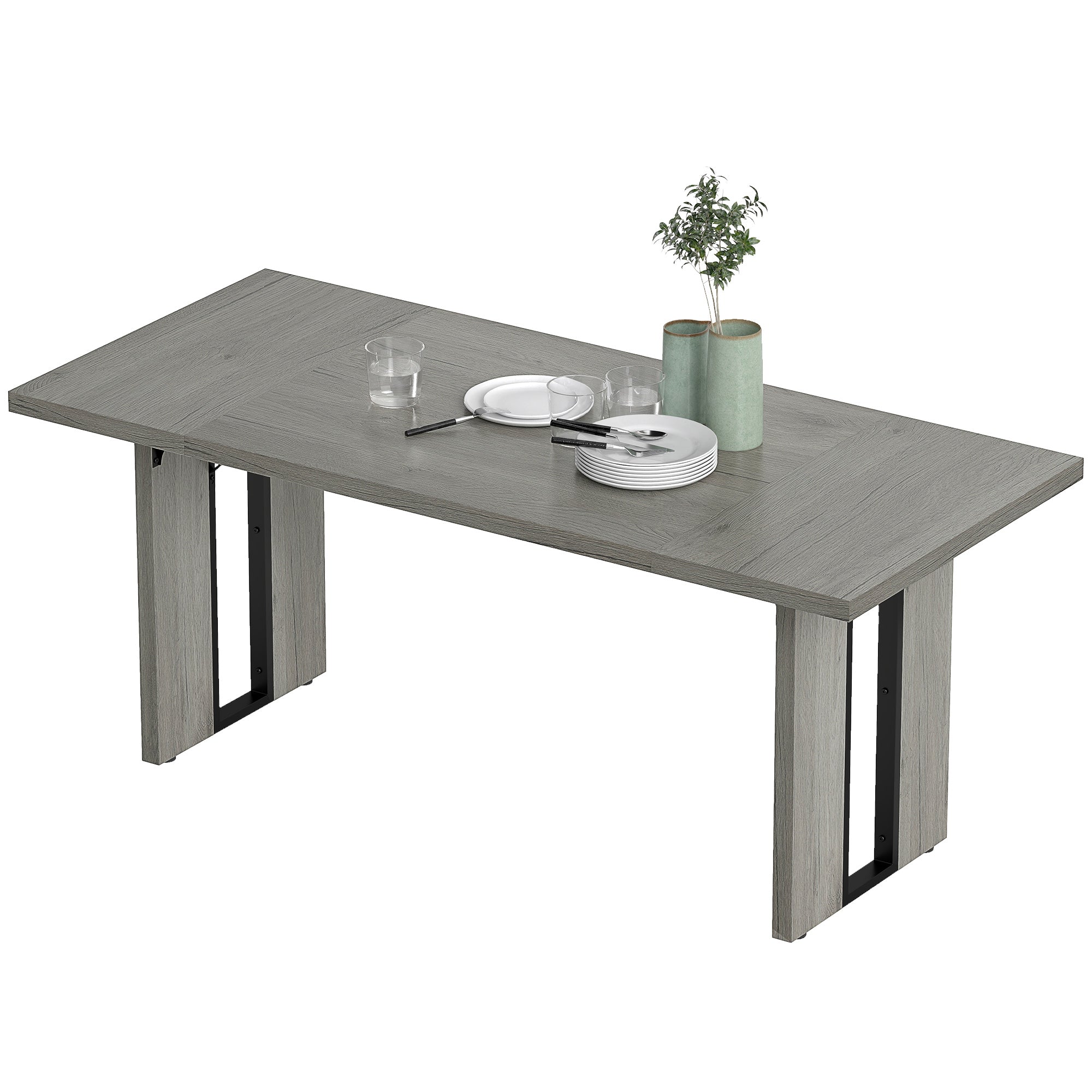 Industrial Kitchen Table for 8, 71" Rectangular Dining Table with Thick Tabletop for Dining Room, Grey Wood Finish