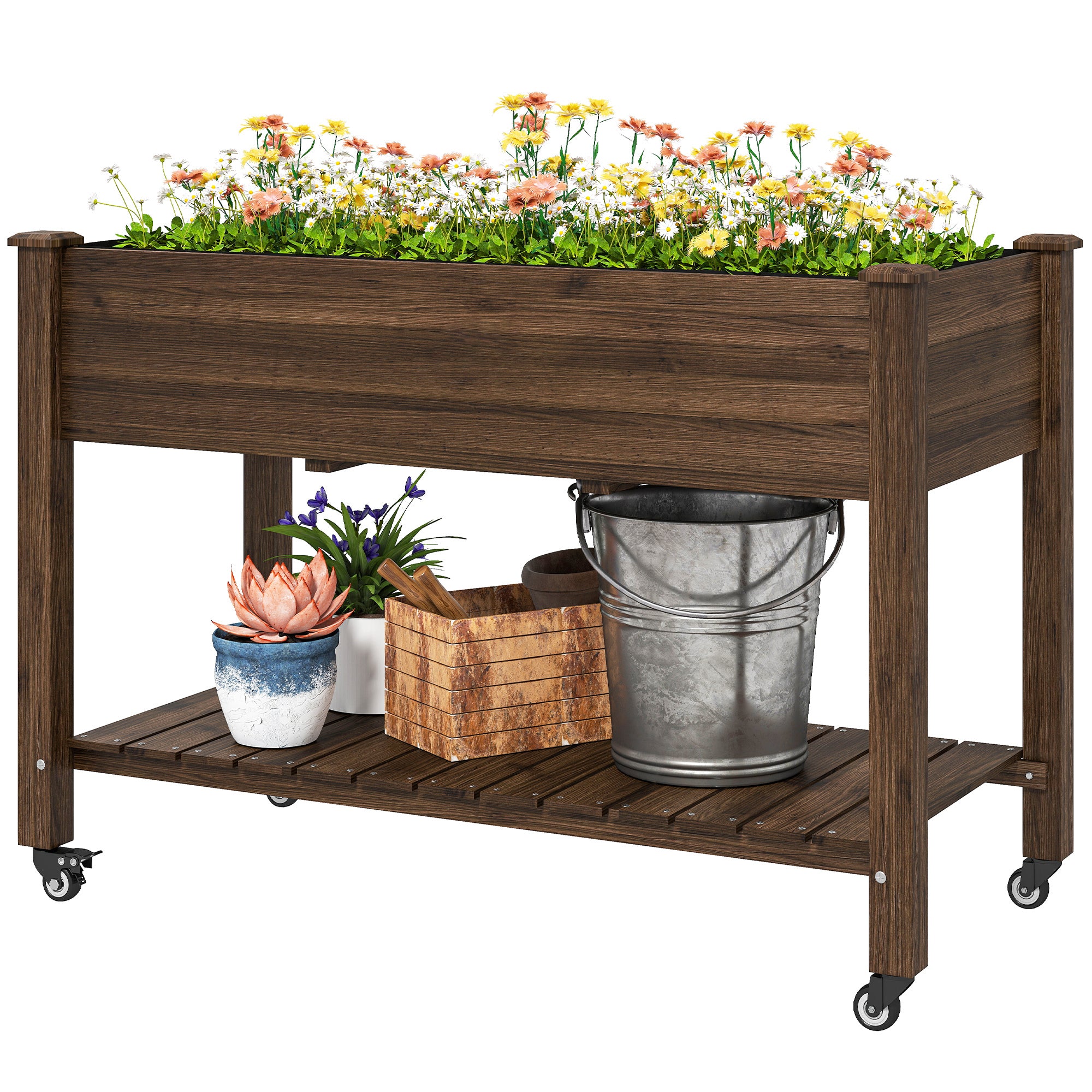 Mobile Raised Garden Bed Elevated Wood Planter Box with Lockable Wheels, Storage Shelf for Herbs Vegetables, Carbonized
