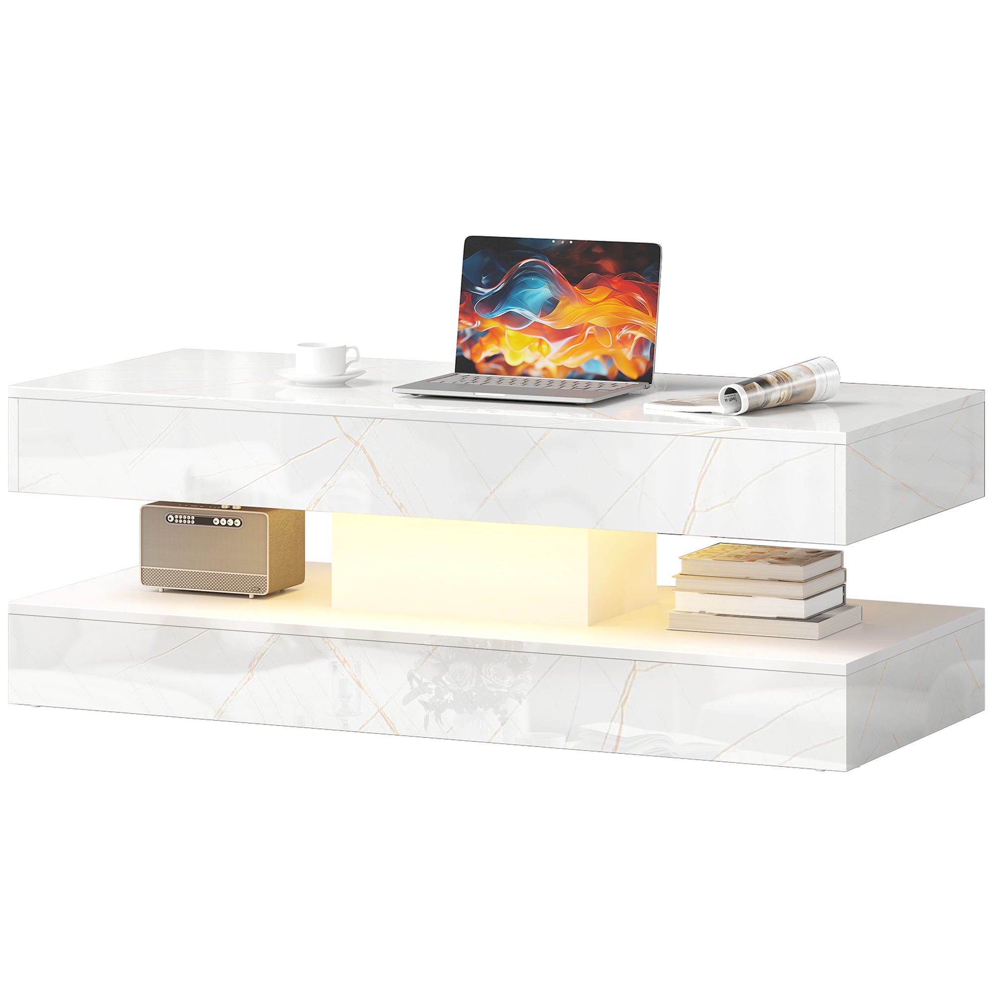 Coffee Table with Adjustable LED Lights, Center Table with 2 Drawers, Open Shelf, Remote, High Gloss Marble-Effect White