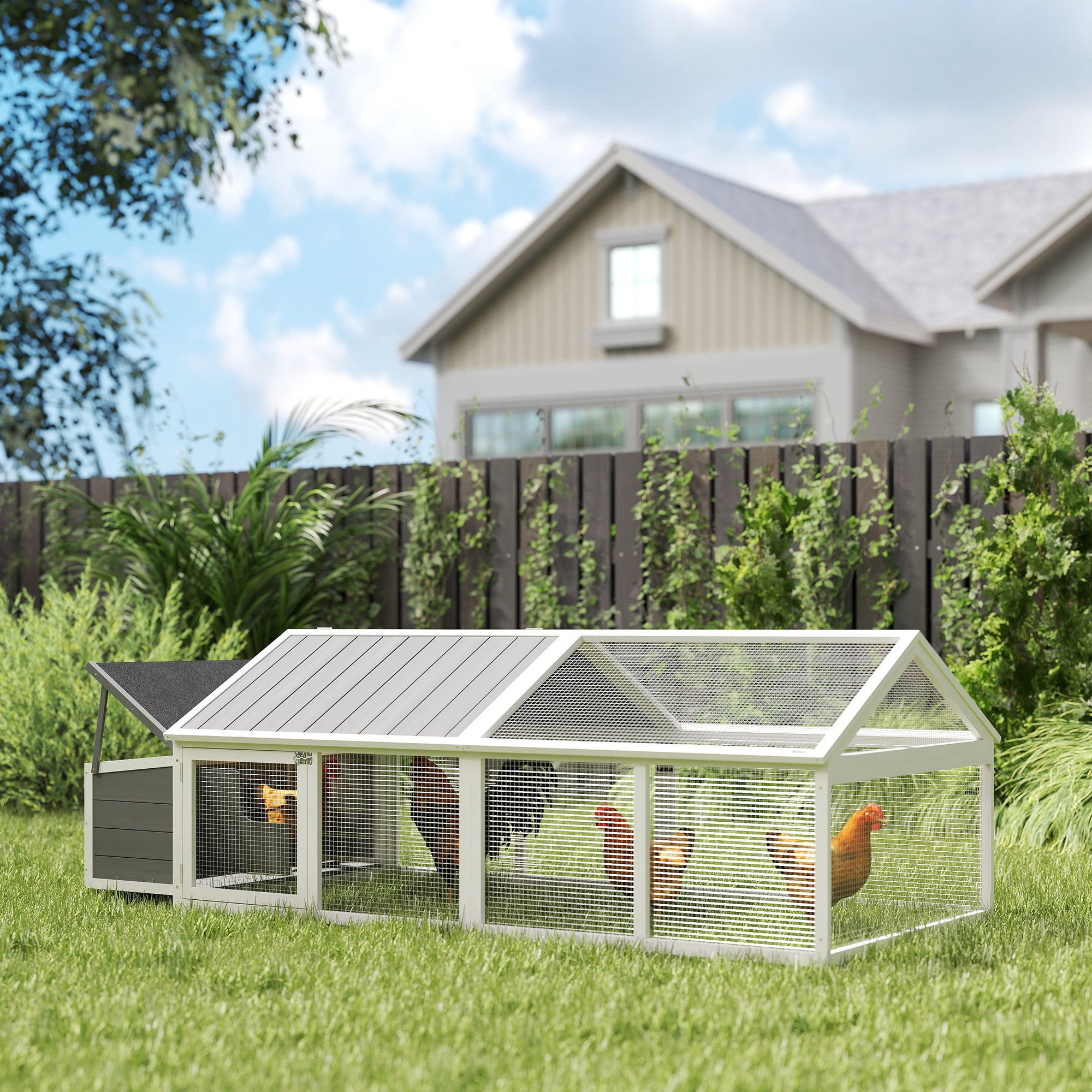 95"L Chicken Run Large Chicken Coop with Nesting Box Wooden Roof Side Door for Outdoor 4–8 Chickens