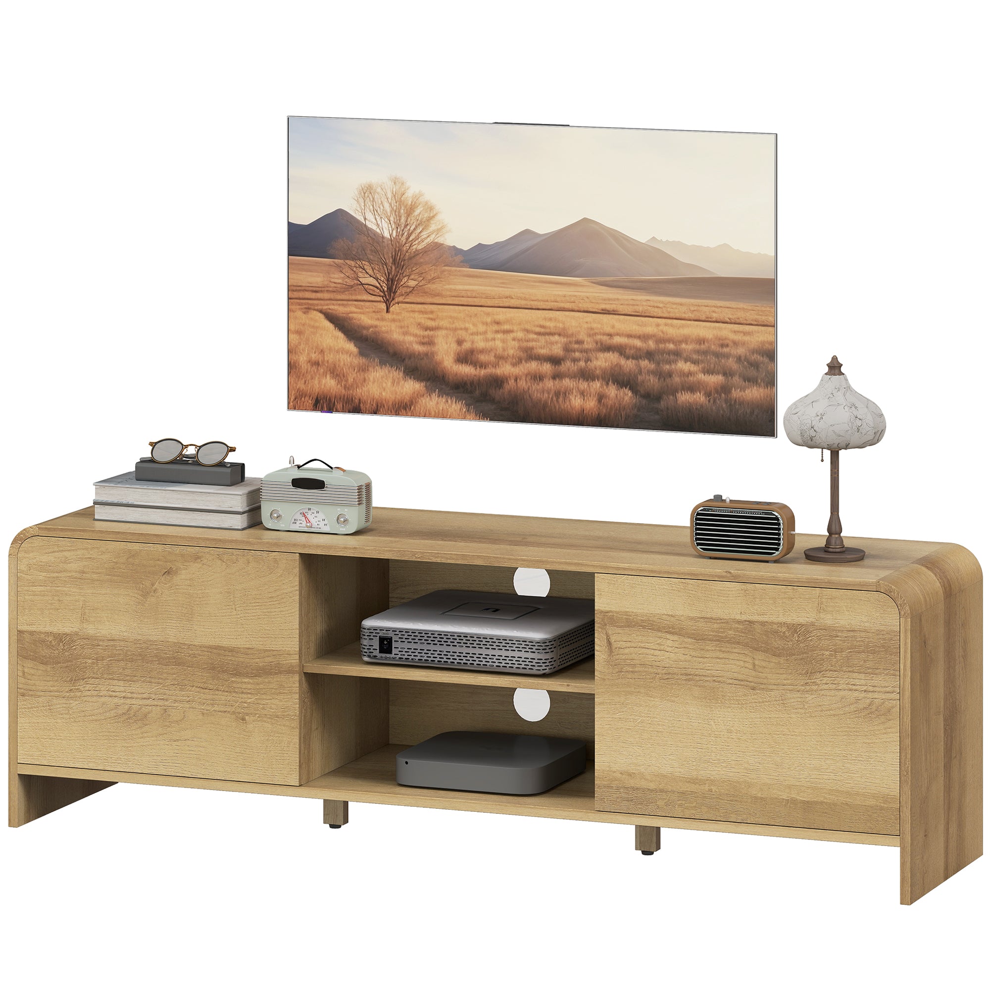 TV Stand for up to 65 Inch TV, Nordic Entertainment Center with 2 Cabinets and 2 Open Shelves for Living Room, Natural