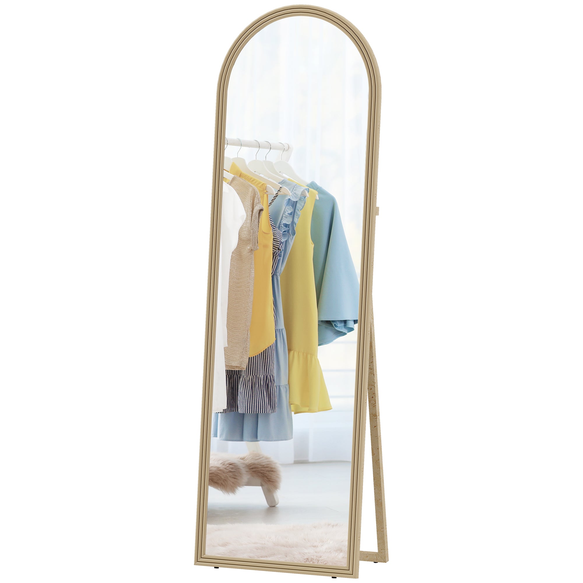 64" x 21" Full Length Mirror, Free Standing, Leaning or Wall, Arched Full Body Mirror with Faux Stone Frame, Beige