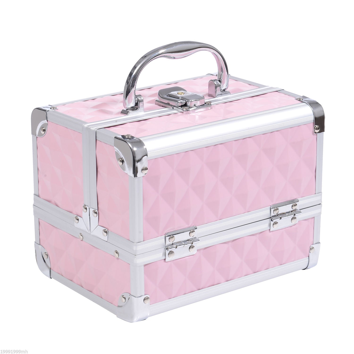 3 Tier Diamond Texture Makeup Case Train Case Cosmetic Organizer with Mirror, Pink