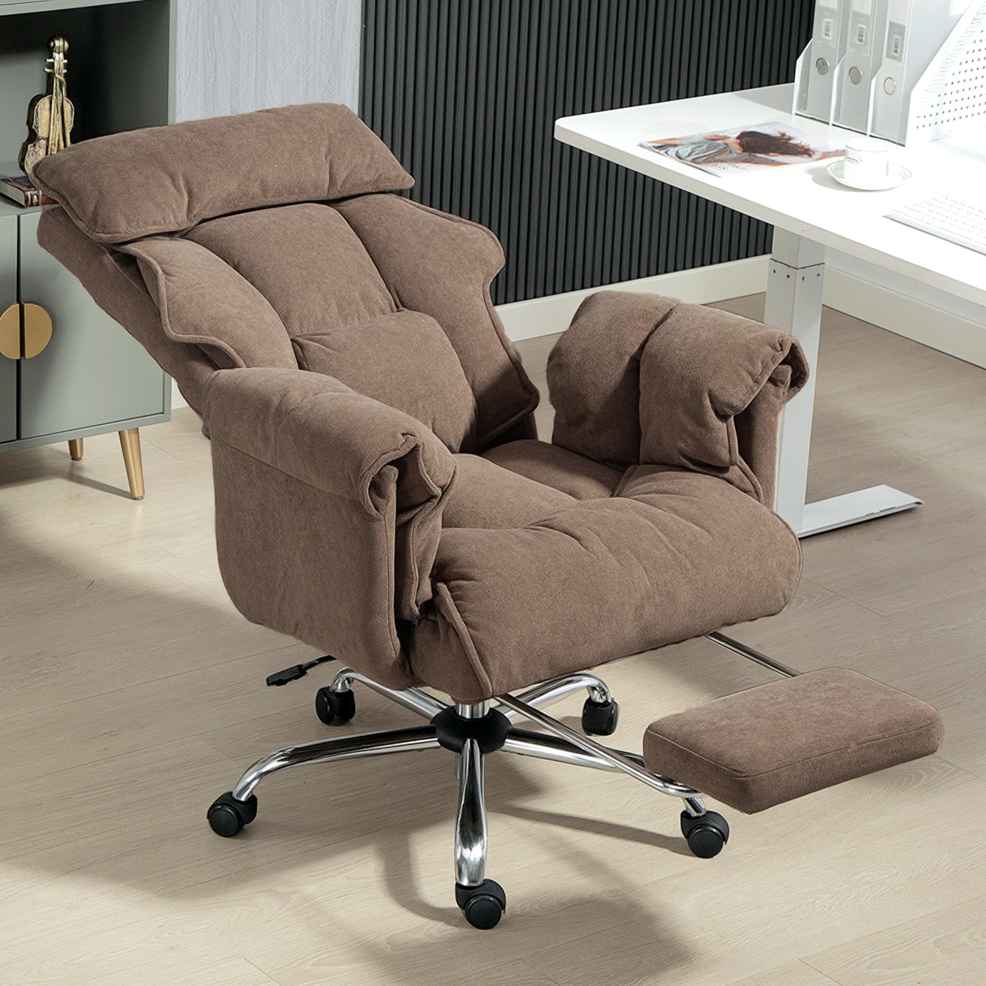 Desk Chair, Computer Office Chair with Footrest, Adjustable Backrest and Headrest, Light Brown