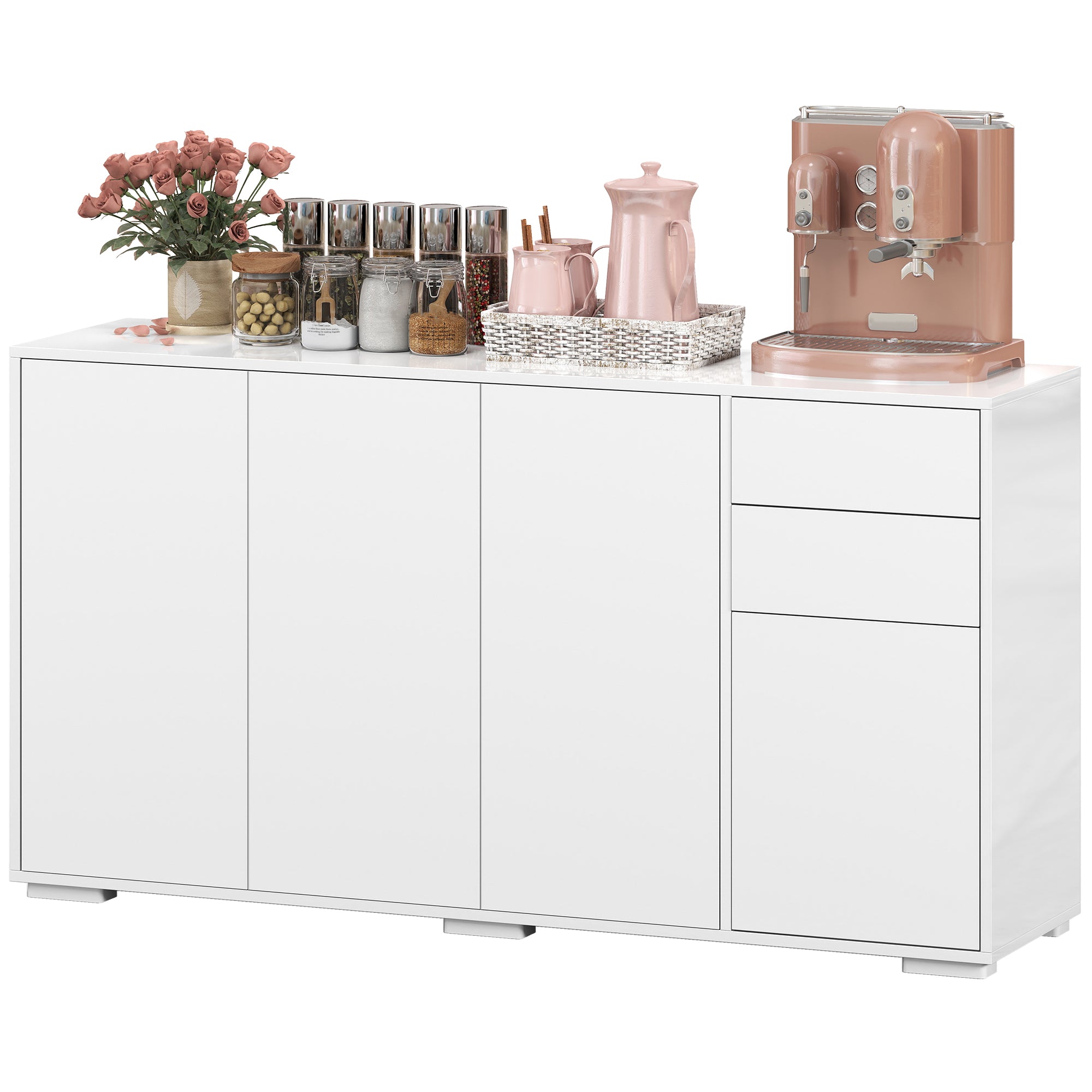 Kitchen Sideboard Storage Cabinet, Modern Coffee Bar Cabinet with Push-Open Design and 2 Drawers for Living Room, White