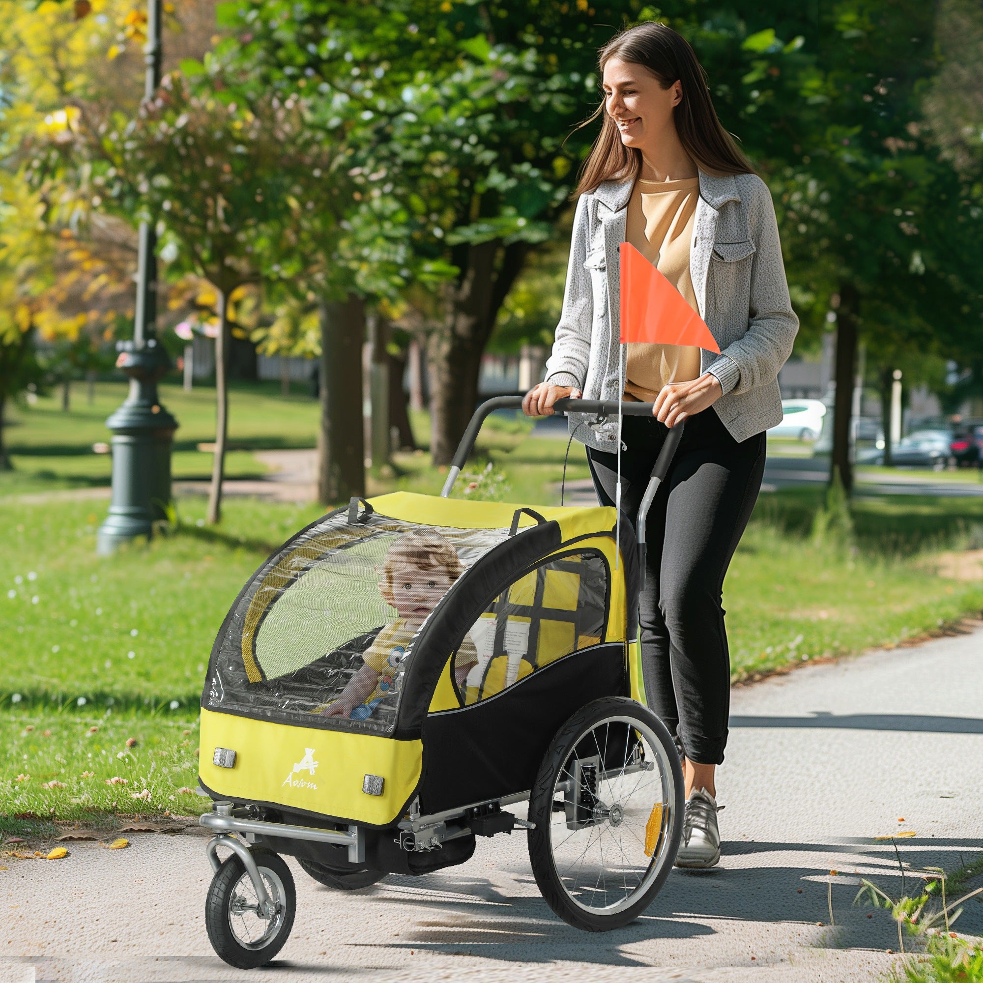 Aosom 2-in-1 Bike Trailer for Kids, Foldable 2-Seat Baby Stroller with 5-Point Harness, Rubber Wheels, Storage Bag, Yellow