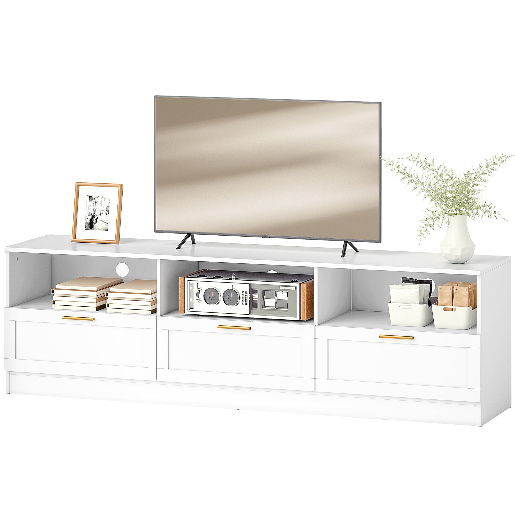TV Stand with Storage, Modern Entertainment Center with 3 Cabinets and 3 Open Shelves, for TVs up to 85", White