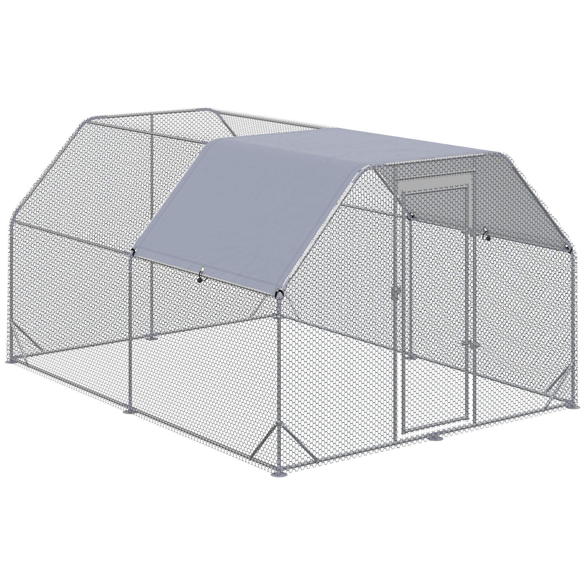 Chicken Run, Galvanized Large Metal Chicken Coop Cage, Walk-in Enclosure Poultry Hen Run House Playpen Rabbit Hutch with Flat Roof, Cover, 9.2' x 12.5' x 6.5', Silver