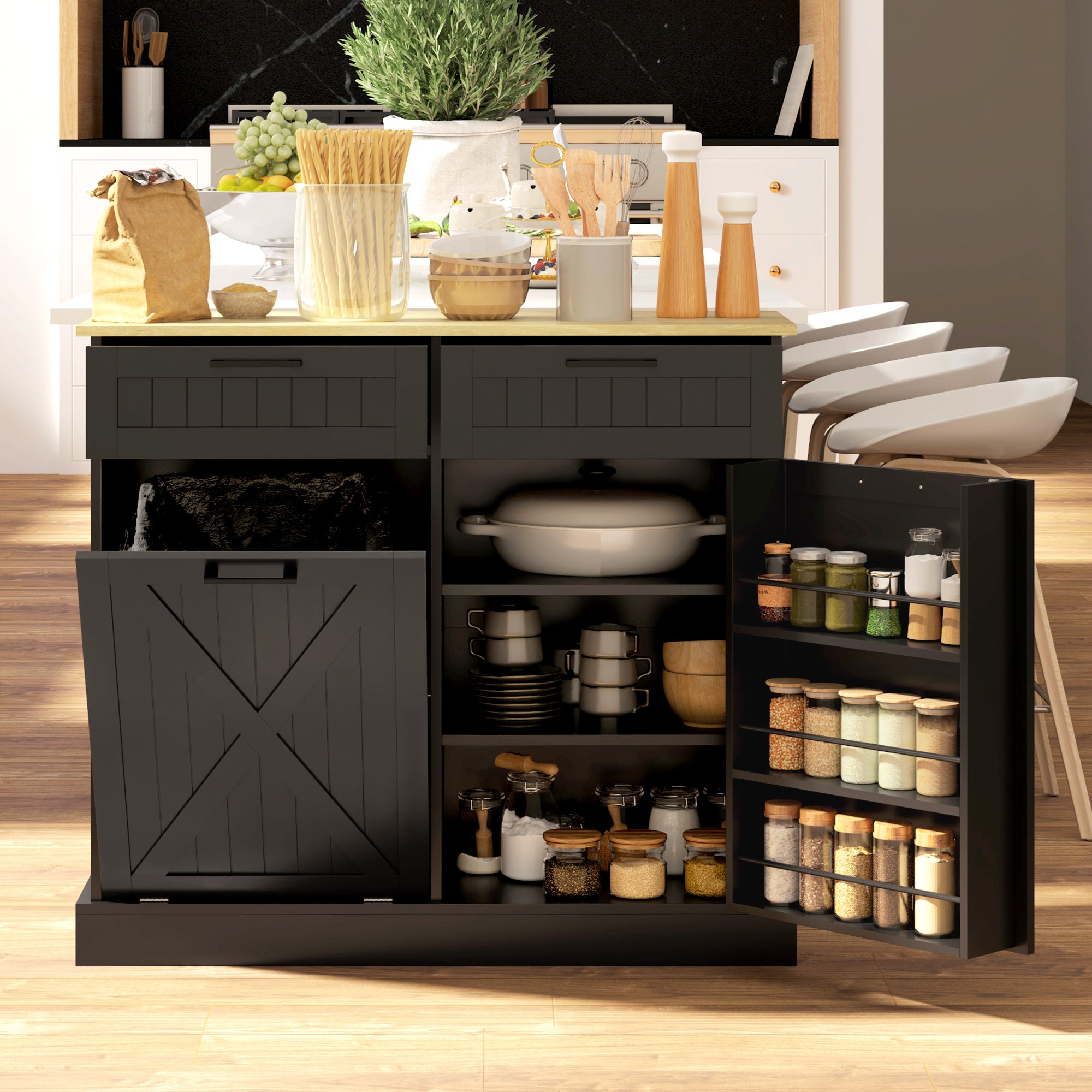 10 Gallon Hidden Garbage Bin Cabinet, Tilt Out Trash Cabinet w/ 2 Drawers, Freestanding Kitchen Island, Black