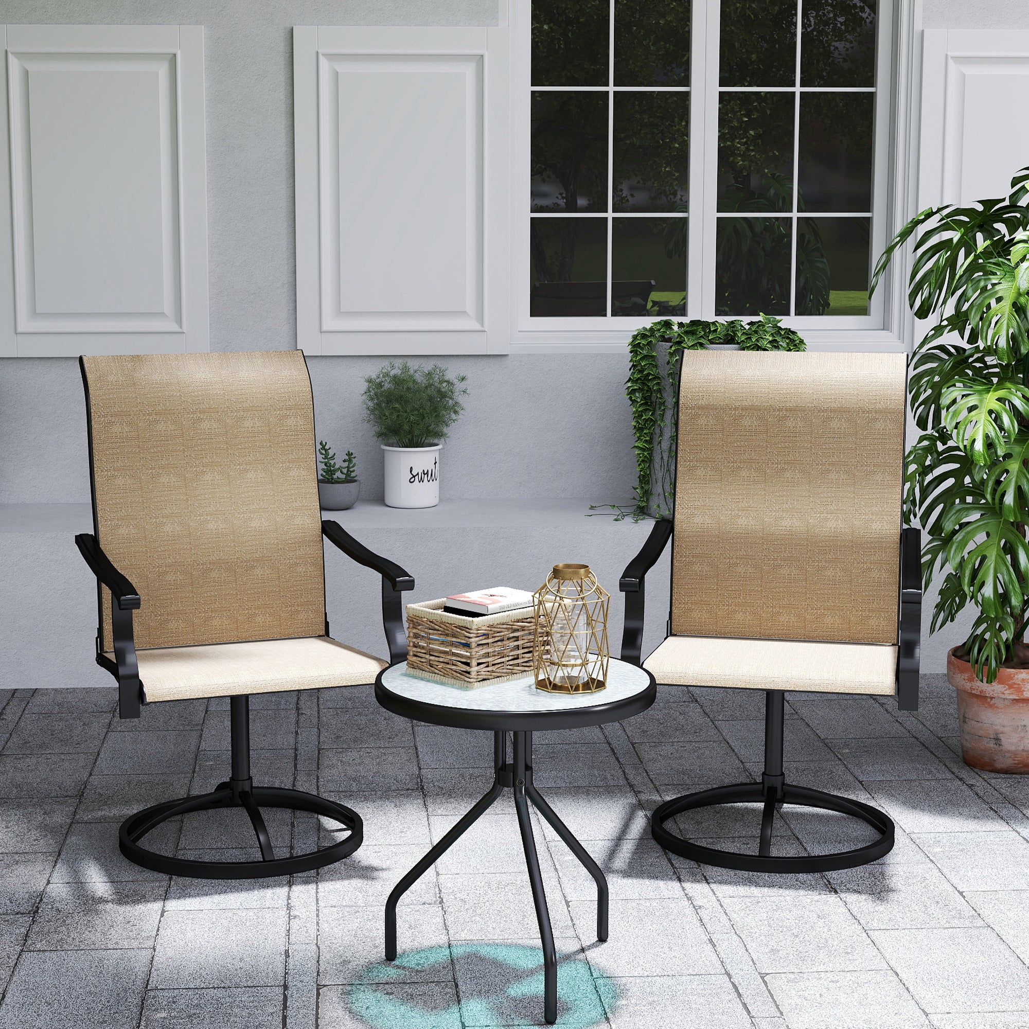 Outdoor Swivel Dining Chairs Set of 2, High Back Swivel Chairs with All Weather Mesh for Deck, Backyard, Poolside, Brown