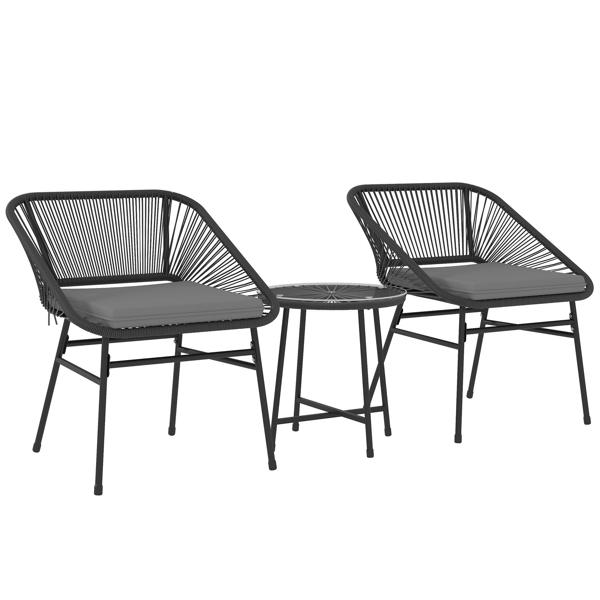 3 Piece Bistro Set, Wicker Outdoor Patio Furniture Set with Glass Top Table, Cushions for Balcony, Porch, Black