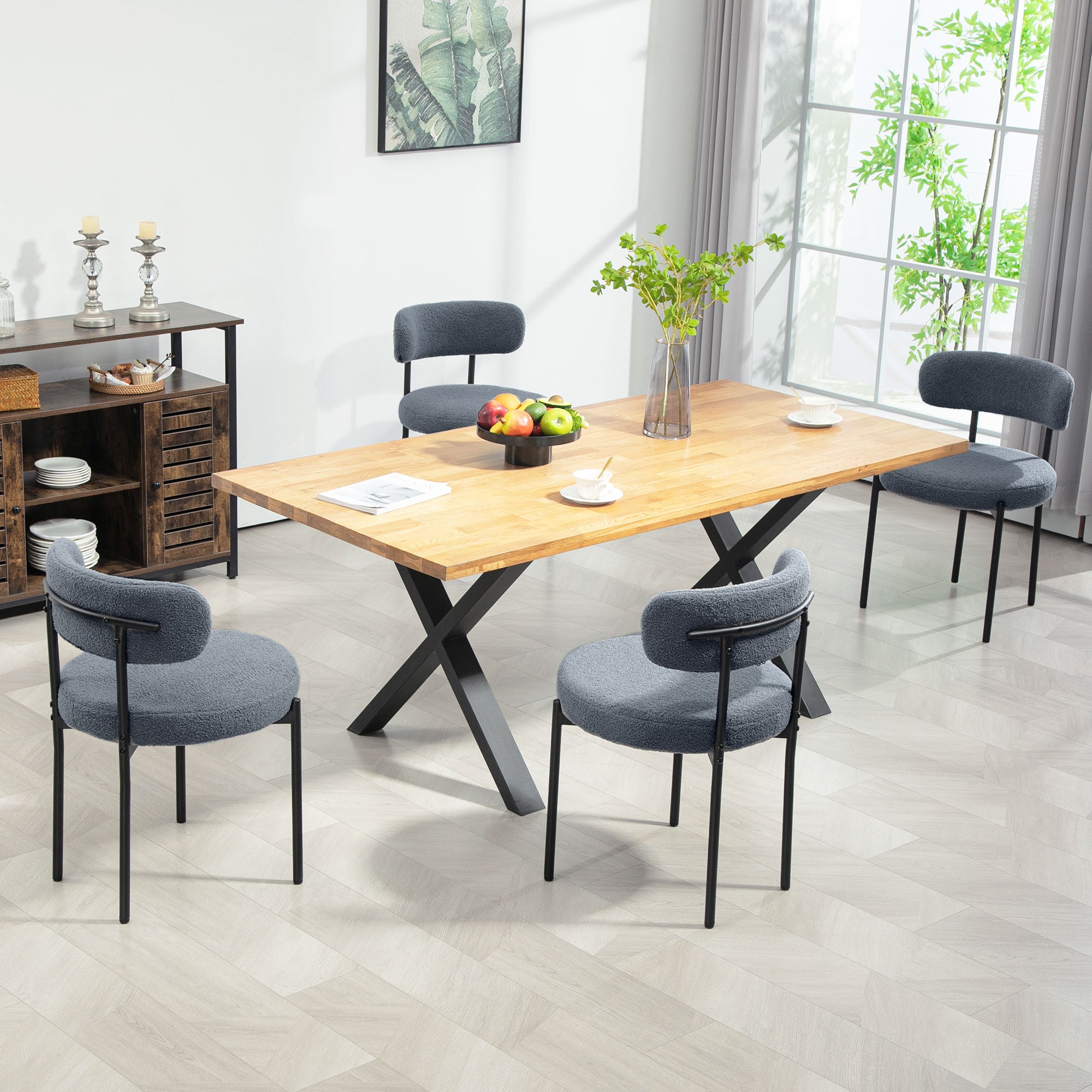 4 Pieces Kitchen Chairs, Modern Dining Chairs w/ Berber Fleece Upholstery and Steel Legs for Living Room, Grey