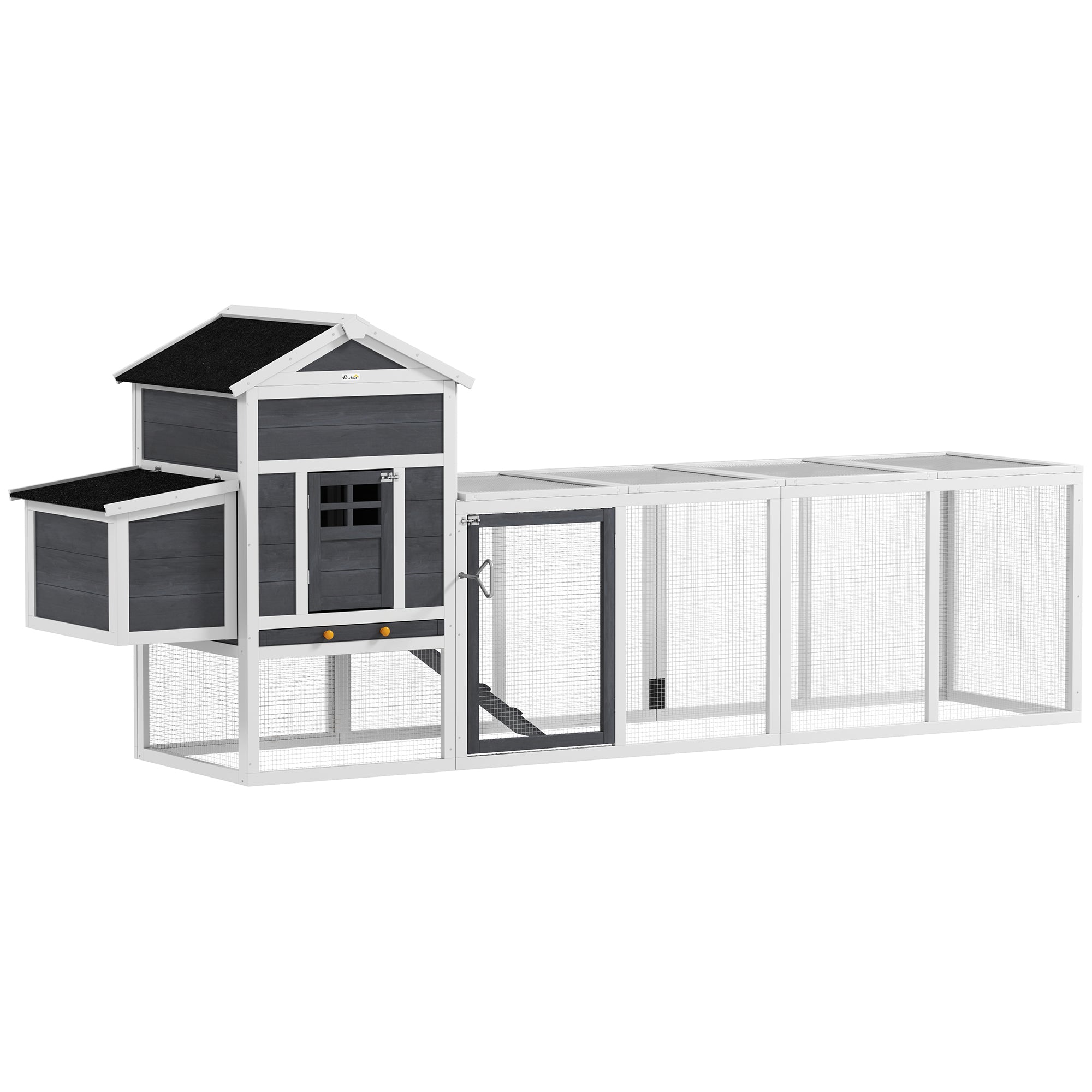 117" Extra Large Chicken Coop with Asphalt Roof, Wooden Hen House with Slide-out Tray, Quail Hutch with Nesting Box, Grey