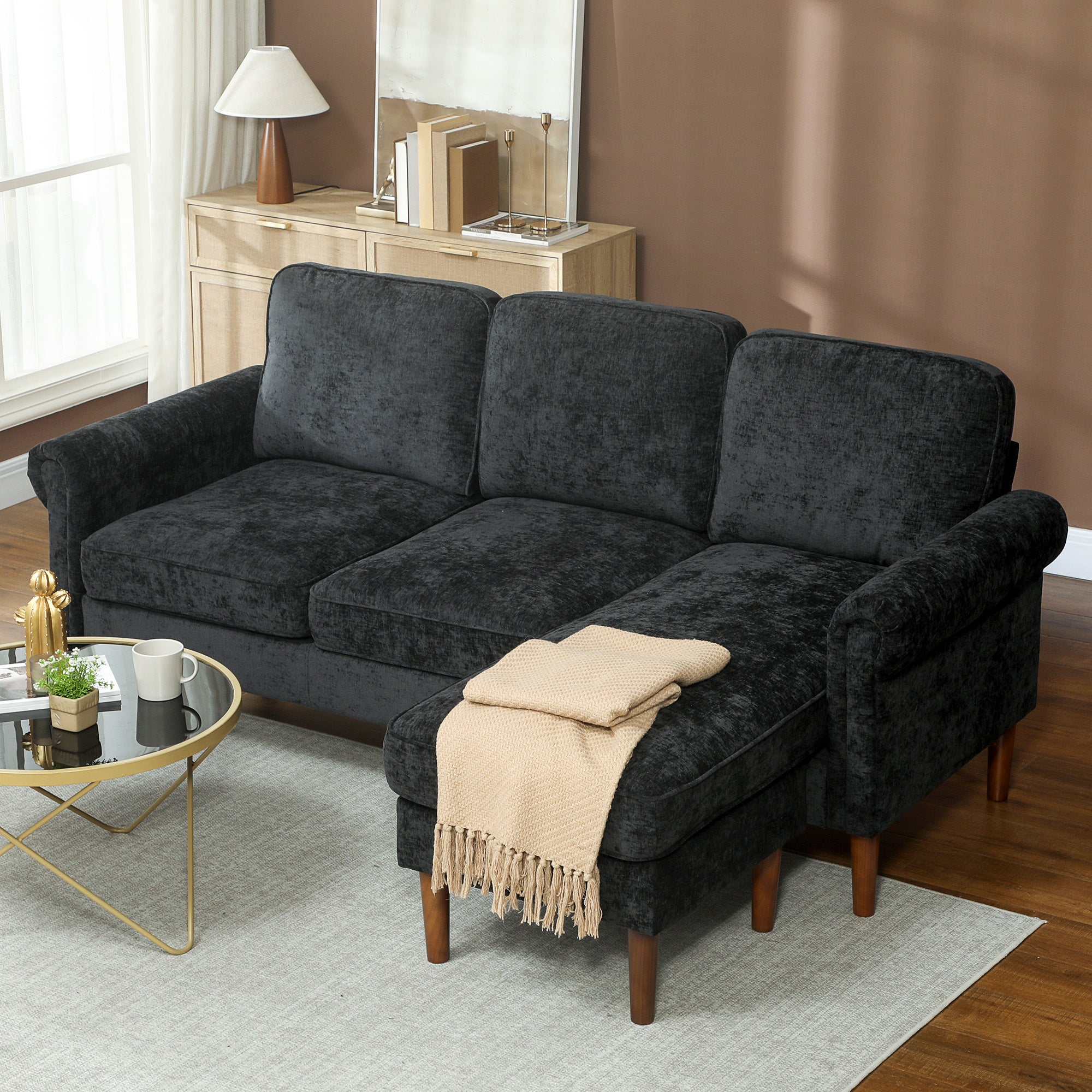 L Shape Sofa, Modern Sectional Couch with Changeable Chaise Lounge, Wooden Legs, Corner Sofa for Living Room, Black