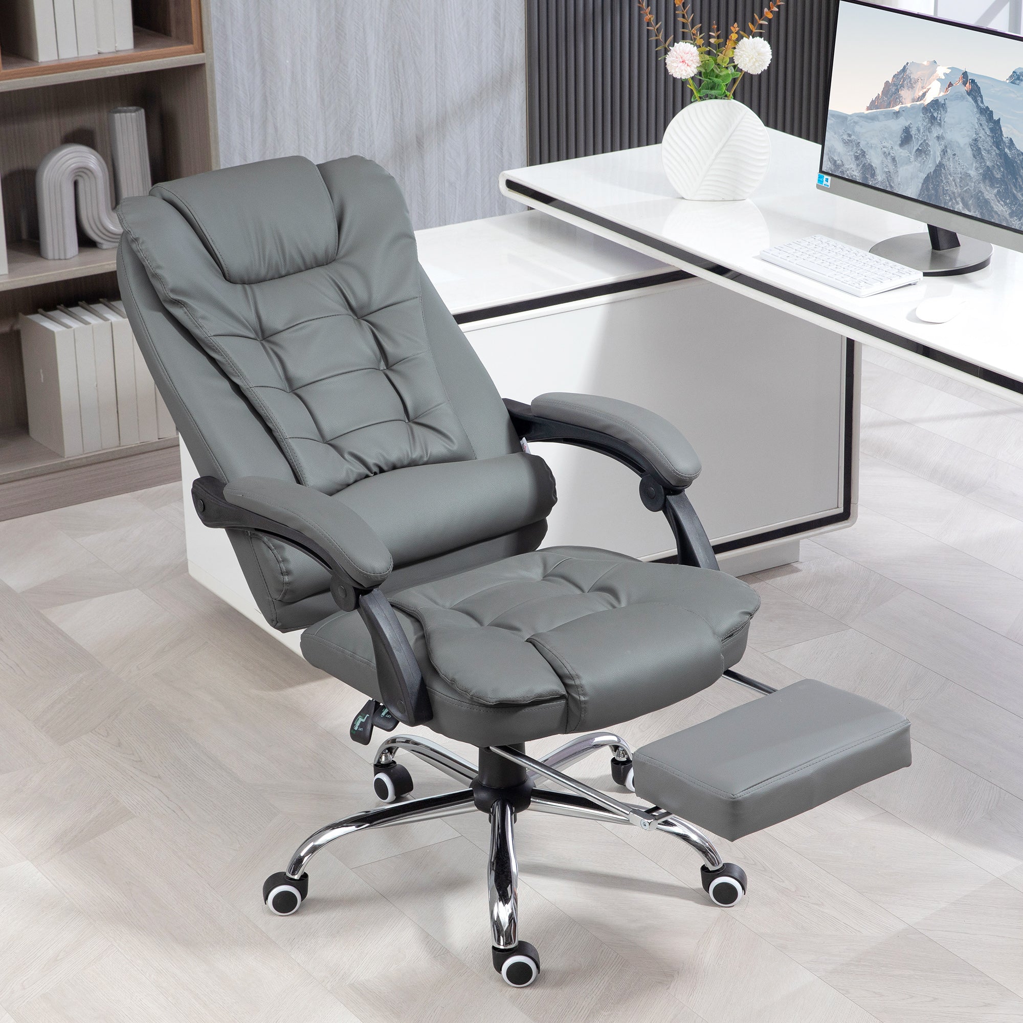 High Back Office Chair PU Leather Executive Office Chair with Retractable Footrest Padded Armrest Grey