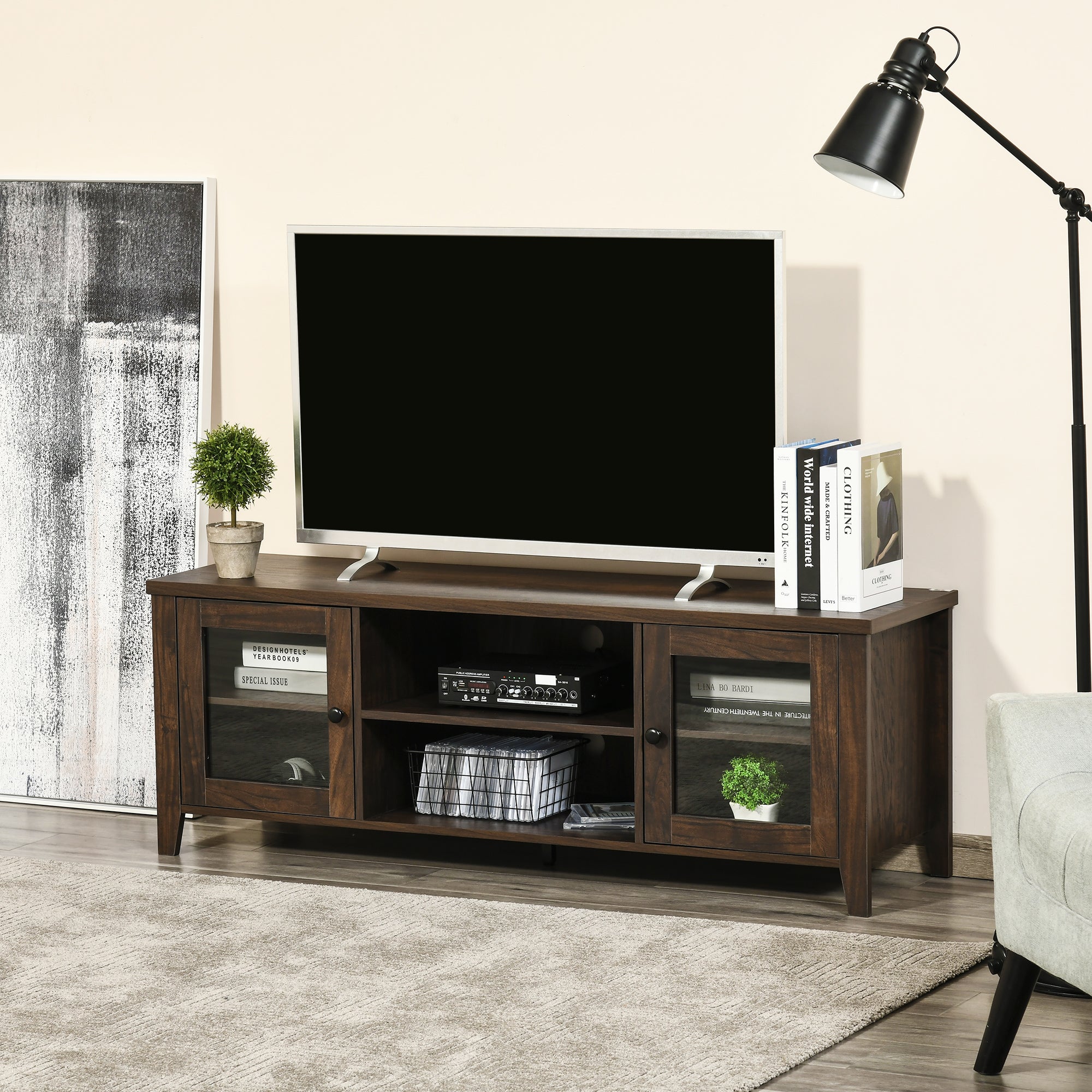 Fireplace TV Stand for TVs up to 60 inches, Wood TV Cabinet w/ Storage Doors or Living Room, Office, Coffee