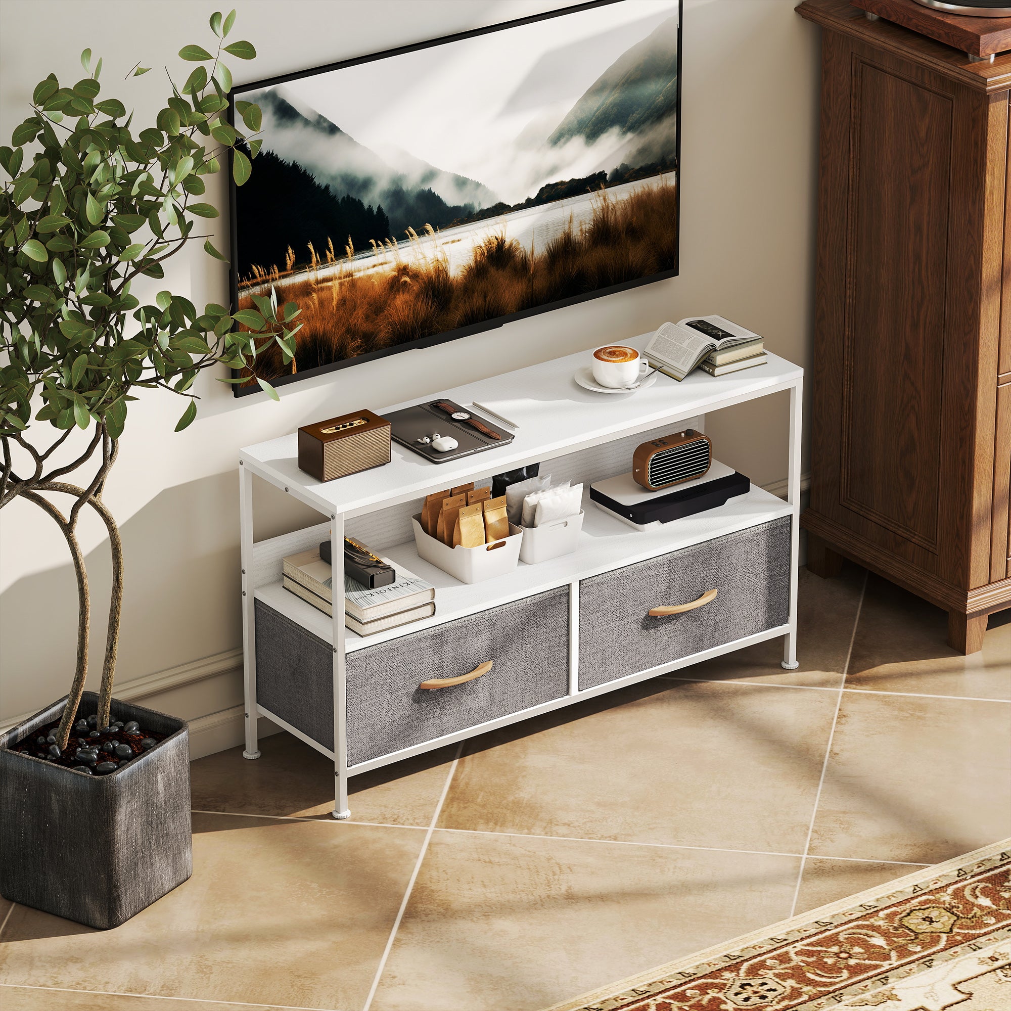 TV Stand with Charging Station, TV Table with 2 Foldable Linen Drawers and Open Shelf for 47 Inch Television, White