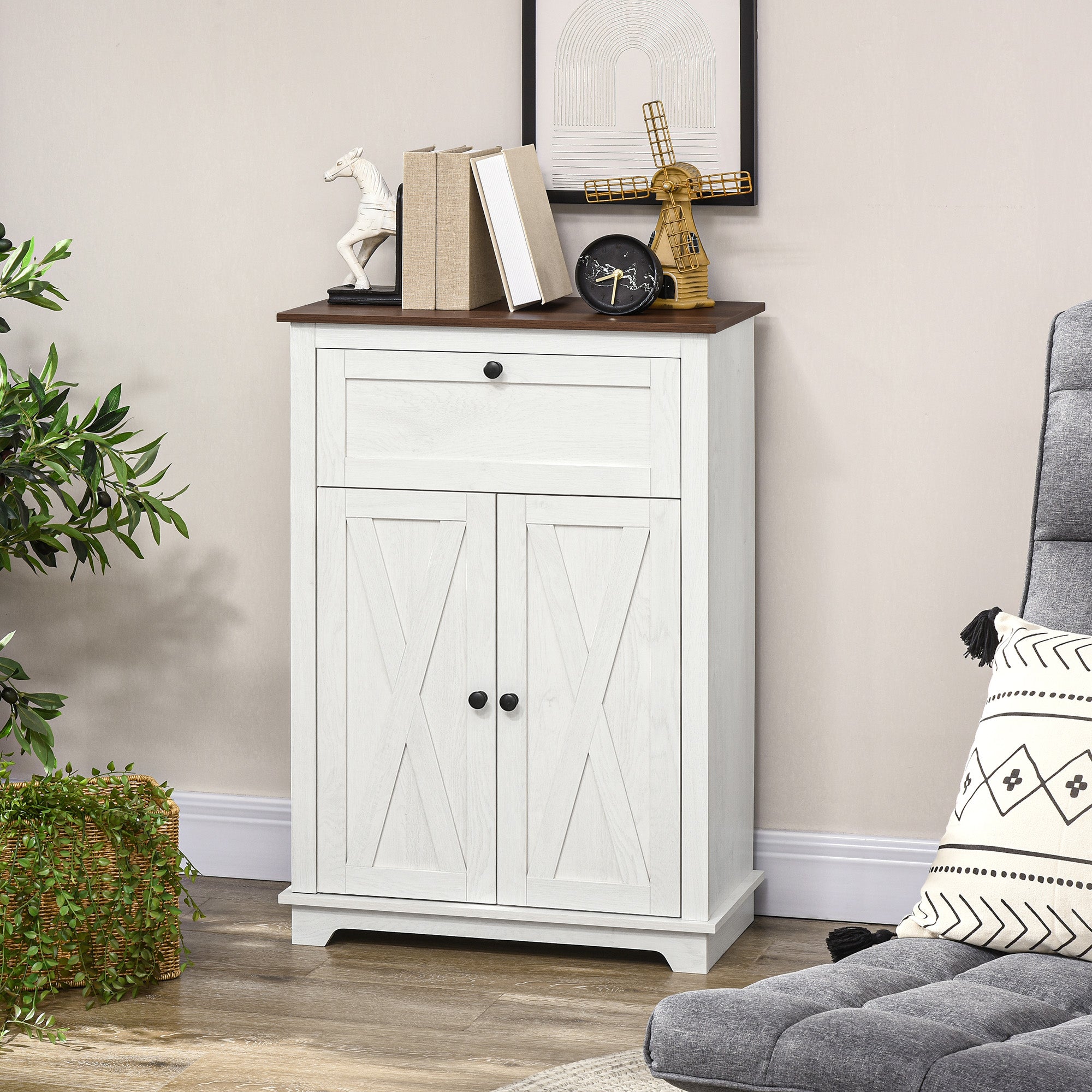 Farmhouse Sideboard Storage Cabinet with Doors and Drawer for Kitchen, Living room, 23.6" x 11.8" x 34.4", White