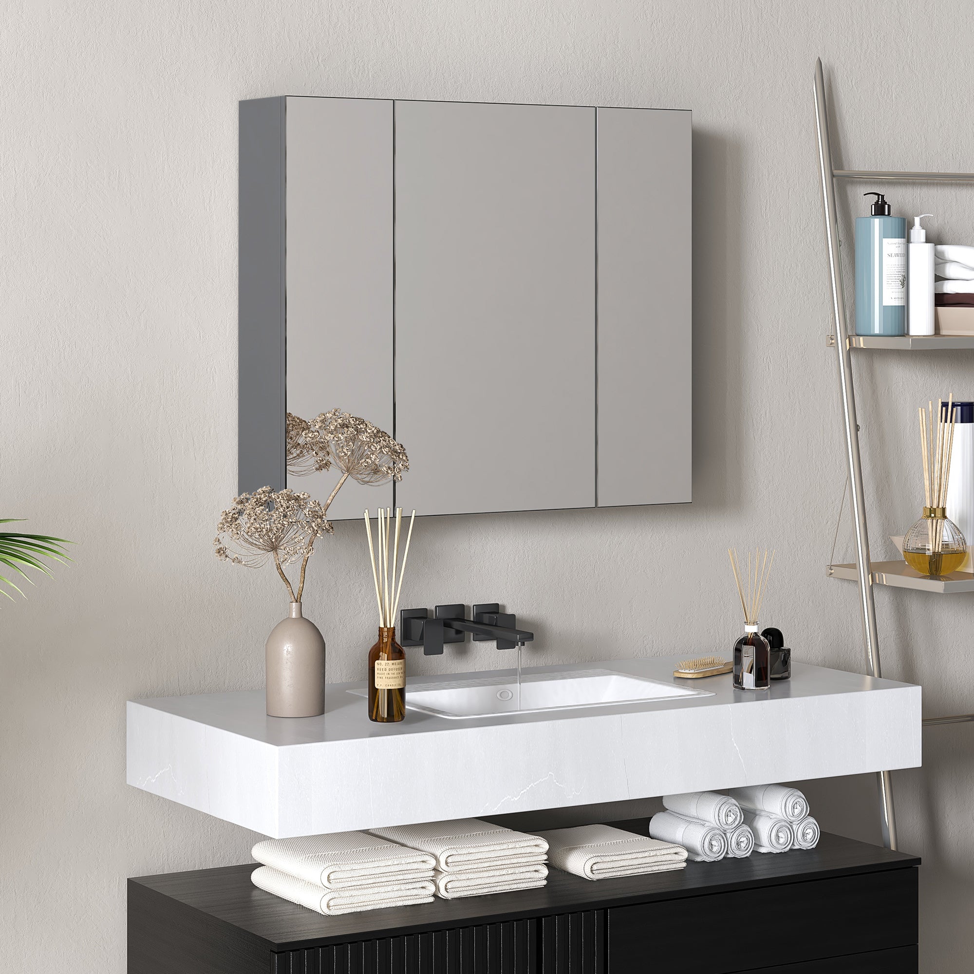 28" x 24" Wall Mounted Mirror Cabinet, Bathroom Medicine Cabinet with Mirror, 3 Doors and Adjustable Shelves, Grey