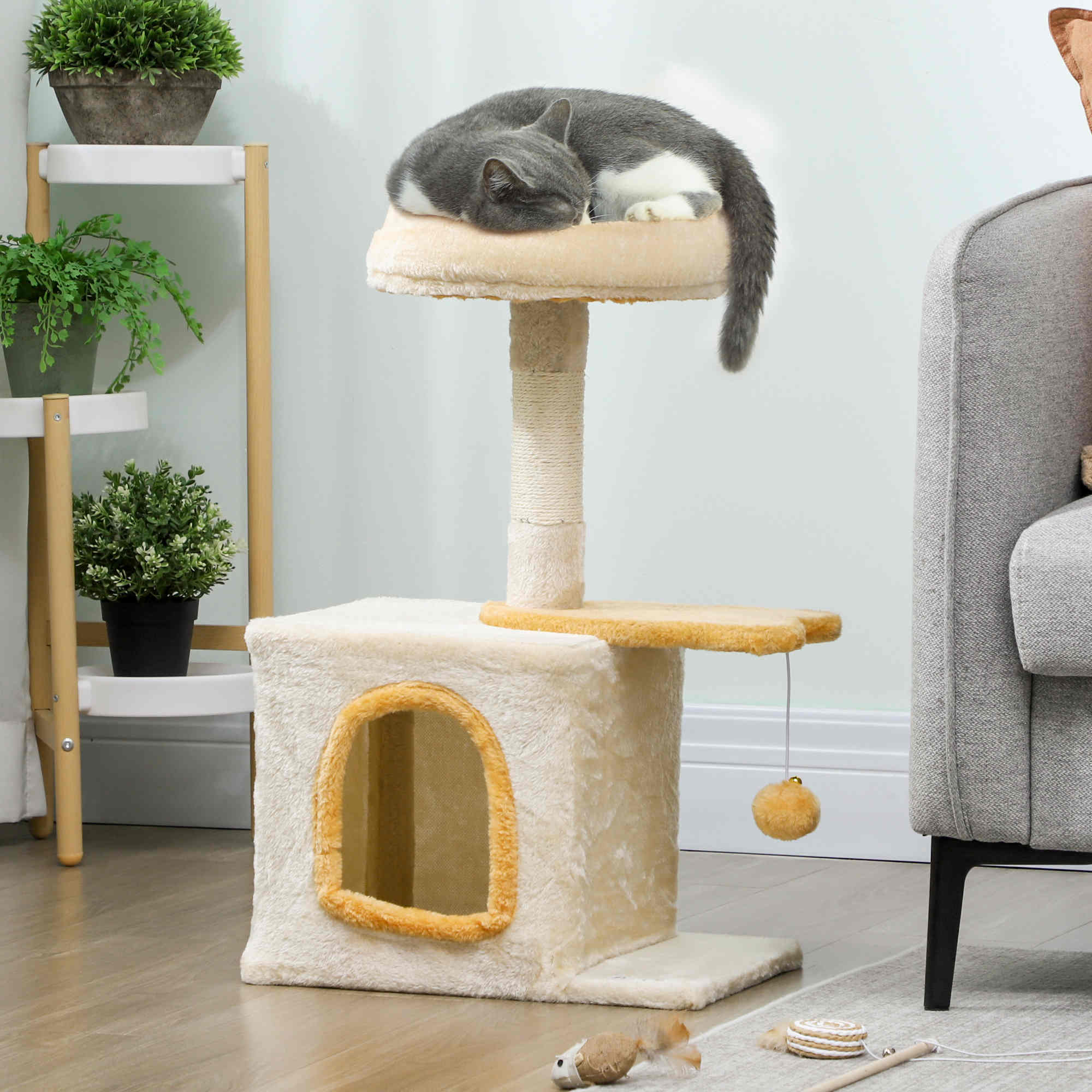 28" Cat Tree Tower with Plush Top Bed, Cozy Condo, Sisal Scratching Post, Perch, Dangling Ball, Beige and Yellow