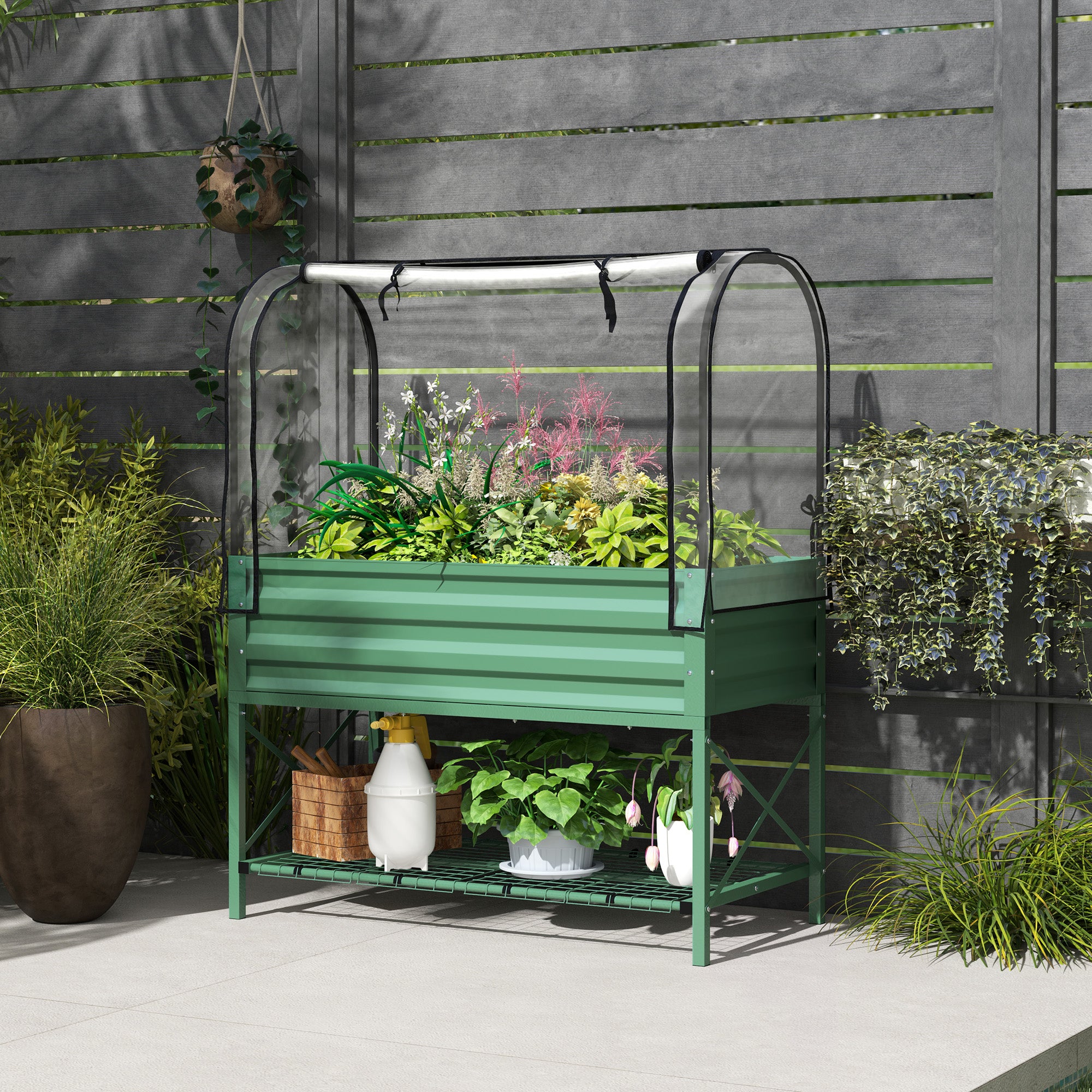 Raised Garden Bed with Cover, Metal Elevated Planter Box with Bottom Shelf and Liner, Green