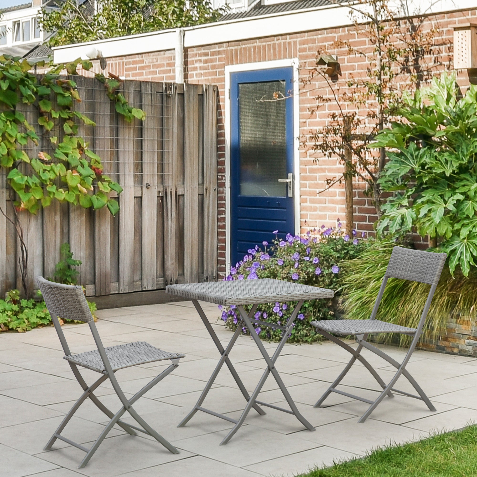 3-Piece Outdoor Folding Rattan Bistro Set, Grey