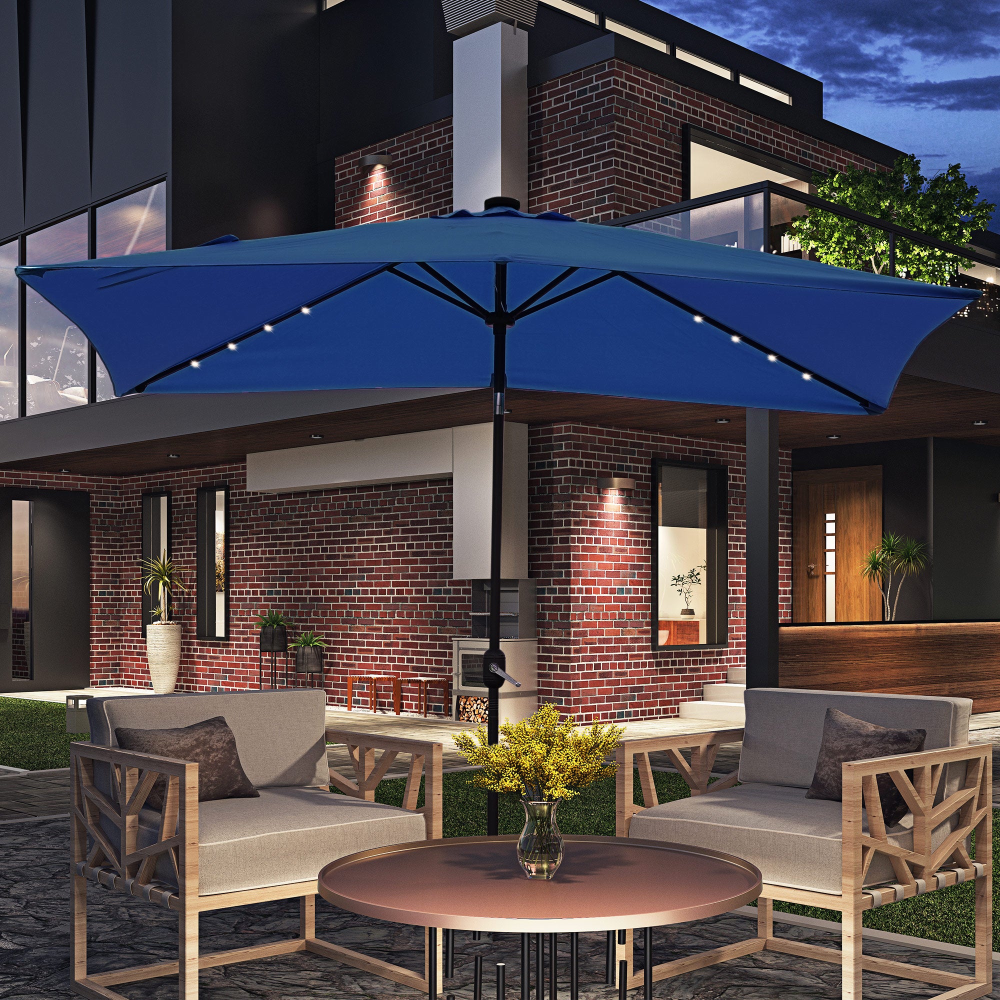 6' x 10' Patio Umbrella with 22 LED Solar Lights and Tilt, Rectangular Outdoor Table Umbrella with Crank, Dark Blue