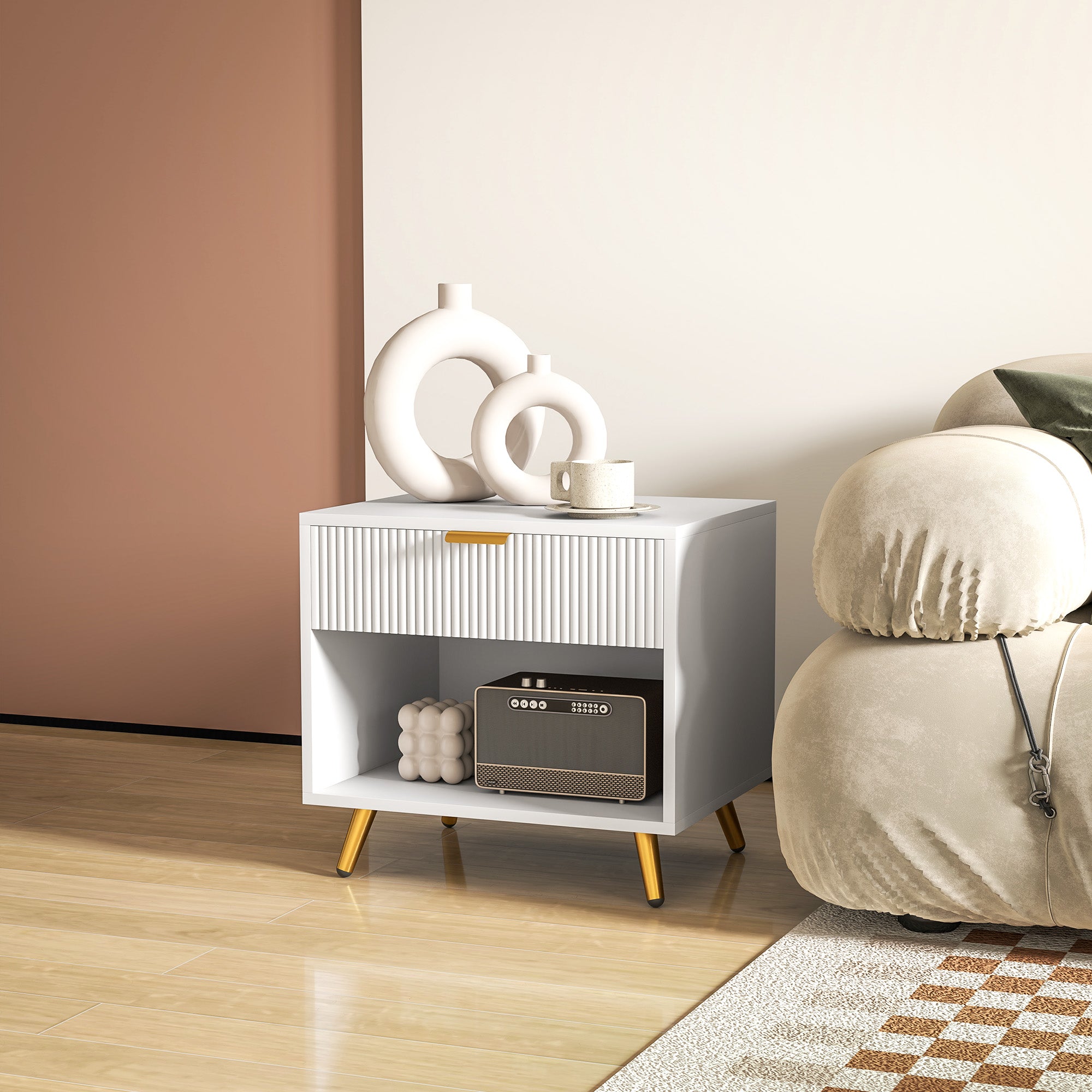 Nightstand with Fluted Panel, Bedside Table with Drawer and Open Compartment, Modern Night Table for Bedroom, White