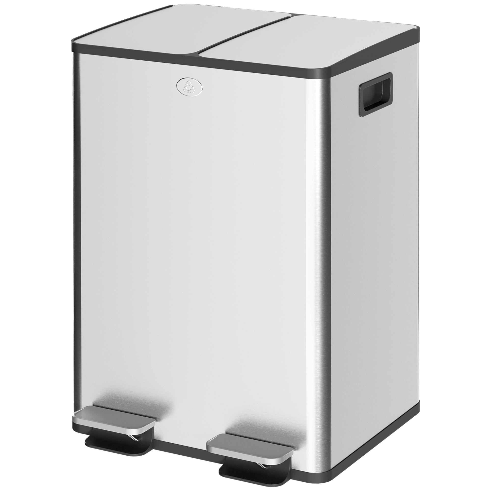 Dual Garbage Bin with Foot Pedal - 2 x 28 Litre Garbage Can with Removable Inner Buckets, Silver