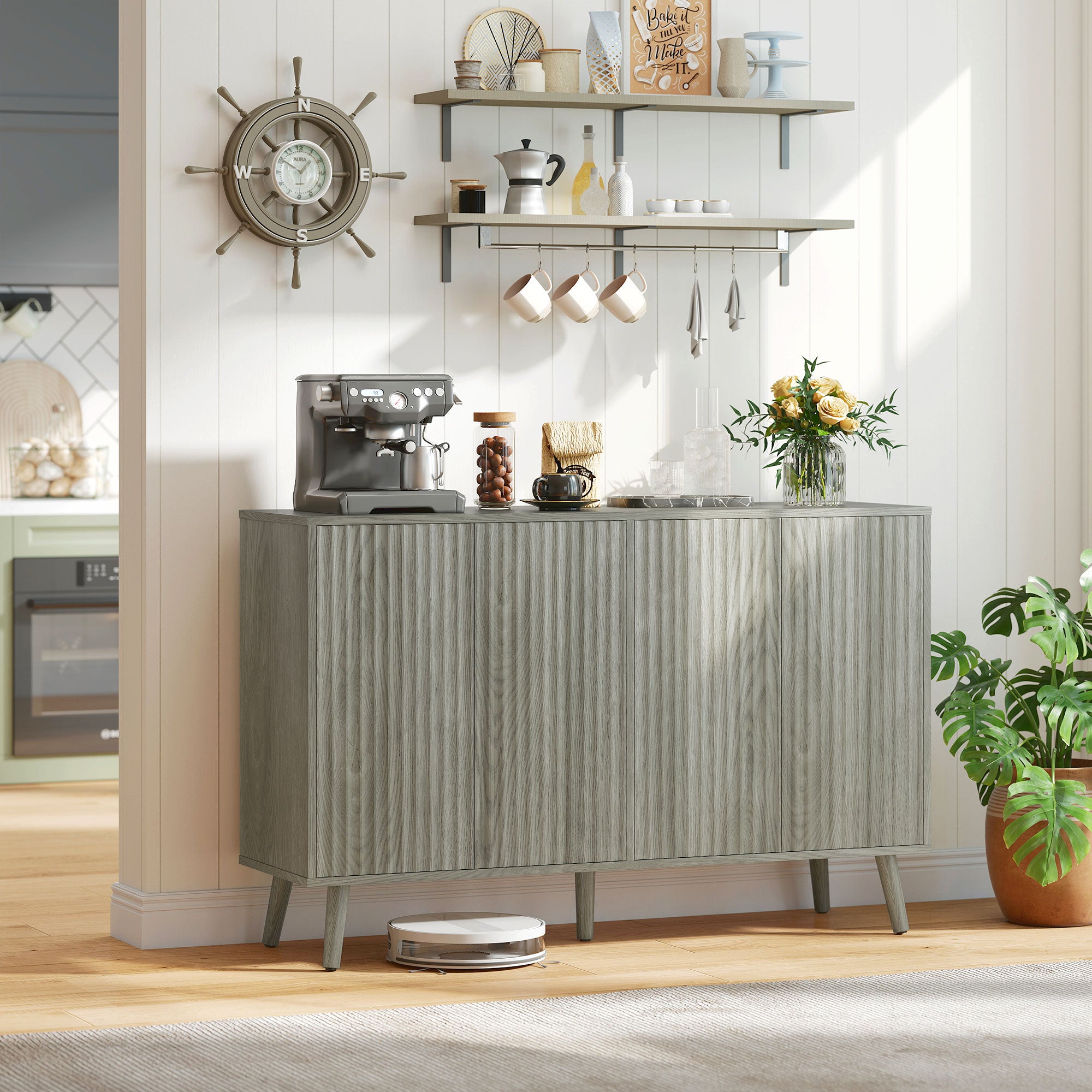 Buffet Cabinet with Storage, Modern Fluted Sideboard with Adjustable Shelves for Dining Room Living Room, Light Grey