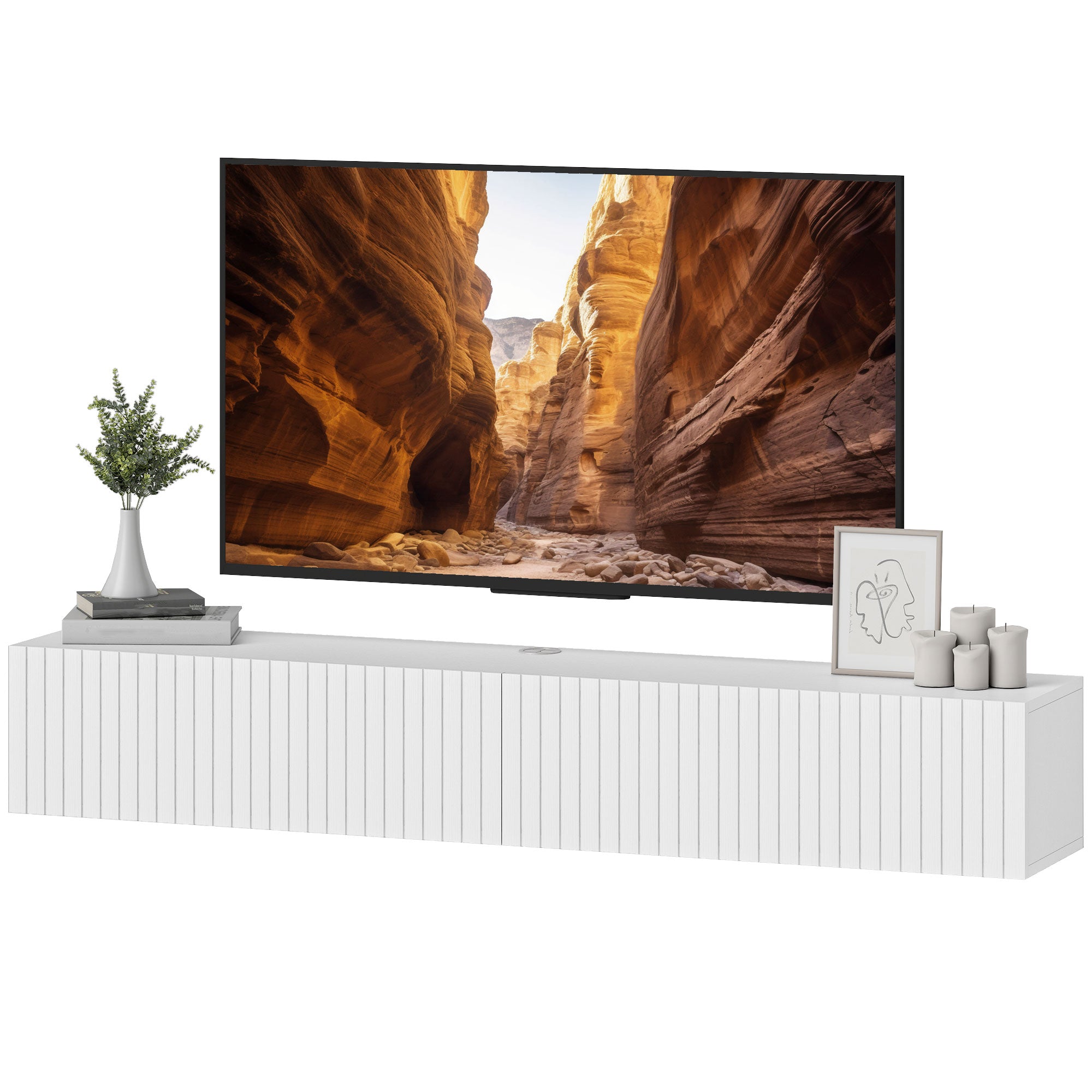55" Floating TV Stand for TVs up to 72 Inch, Wall Mount Media Console with 2 Fluted Flip-Down Doors, Cable Hole, White