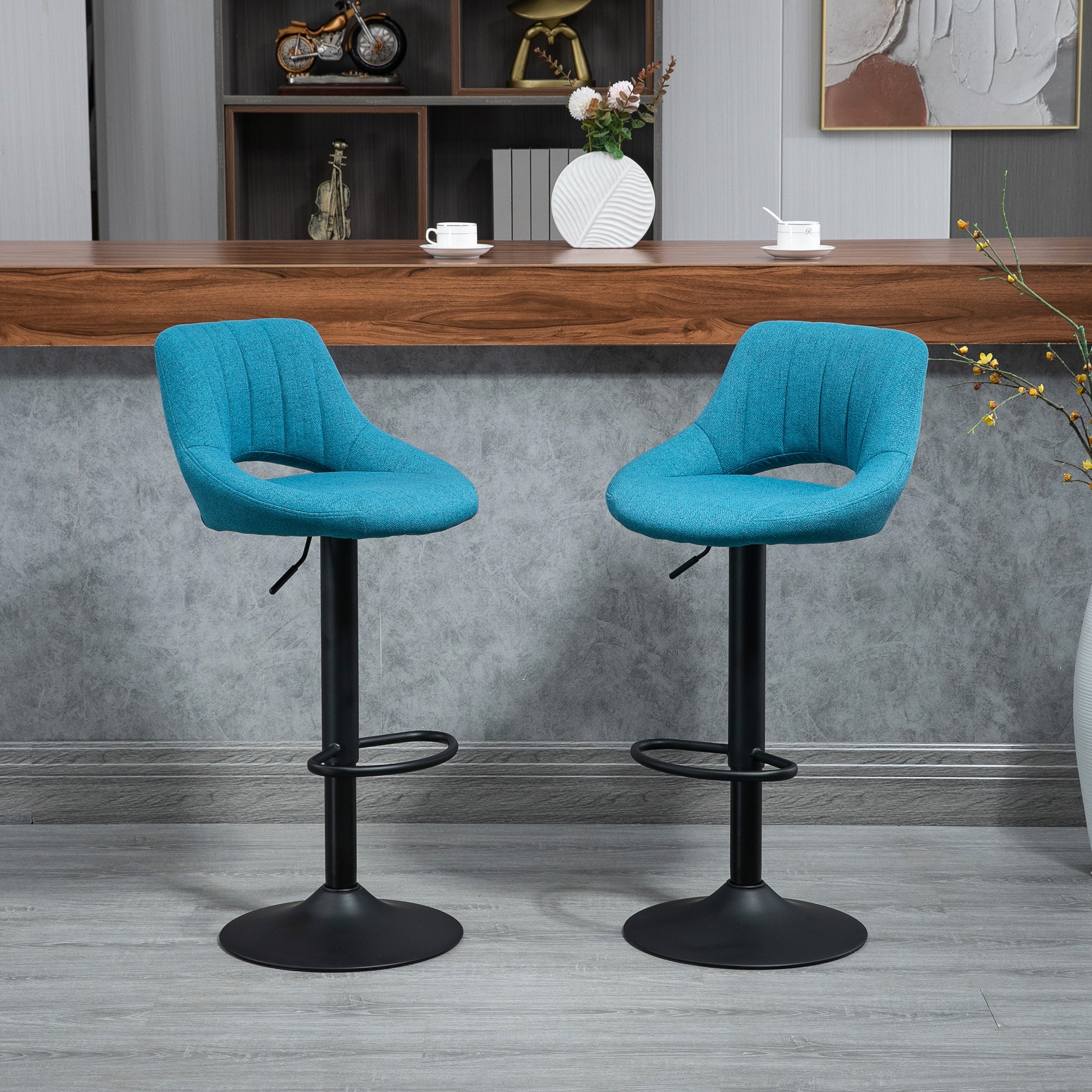Bar Stools Set of 2, Swivel Counter Height Barstools with Adjustable Height, Linen Upholstered Bar Chairs with Round Metal Base and Footrest, Blue