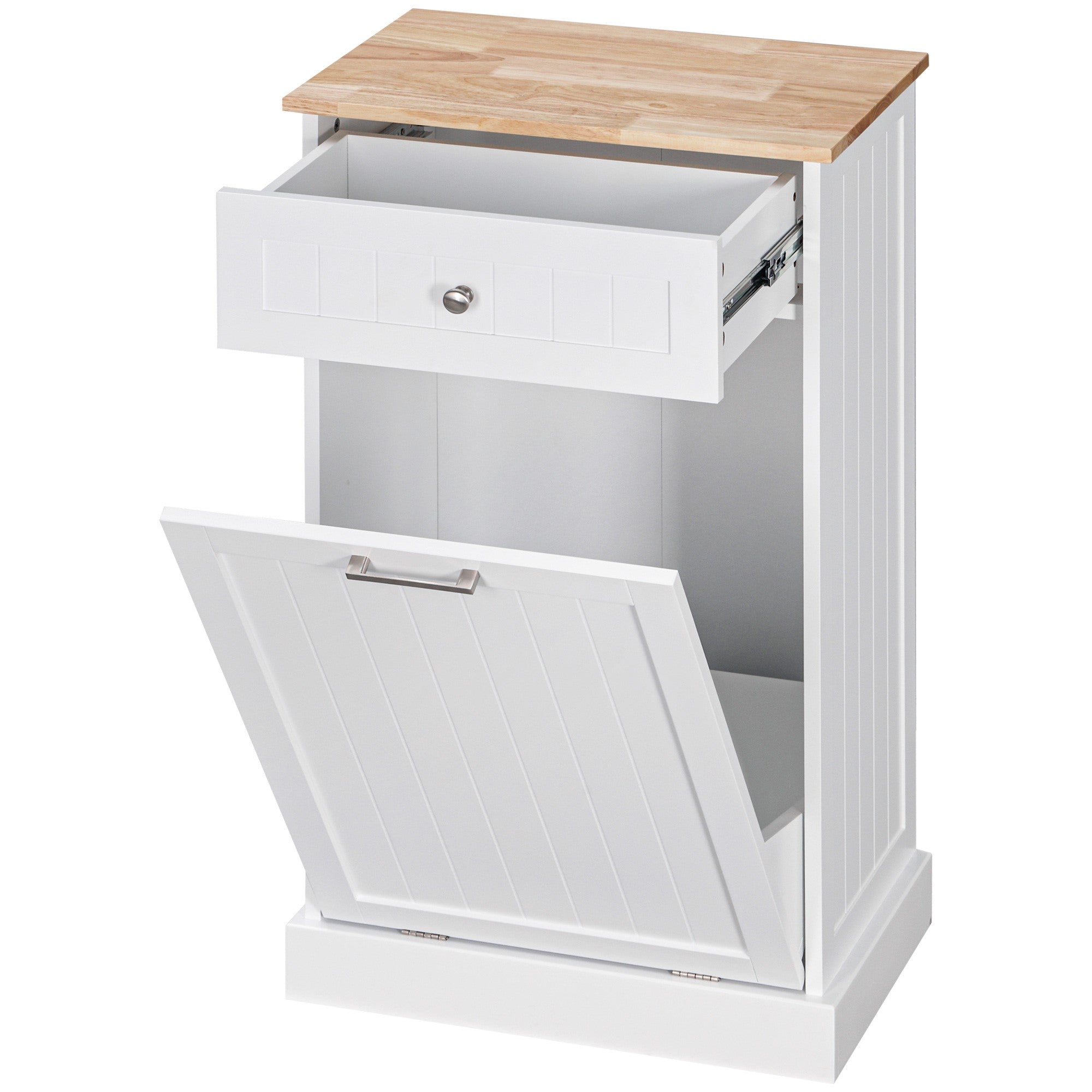 Kitchen Tilt Out Trash Bin Cabinet, Free Standing Recycling Cabinet, Trash Can Holder with Drawer, White