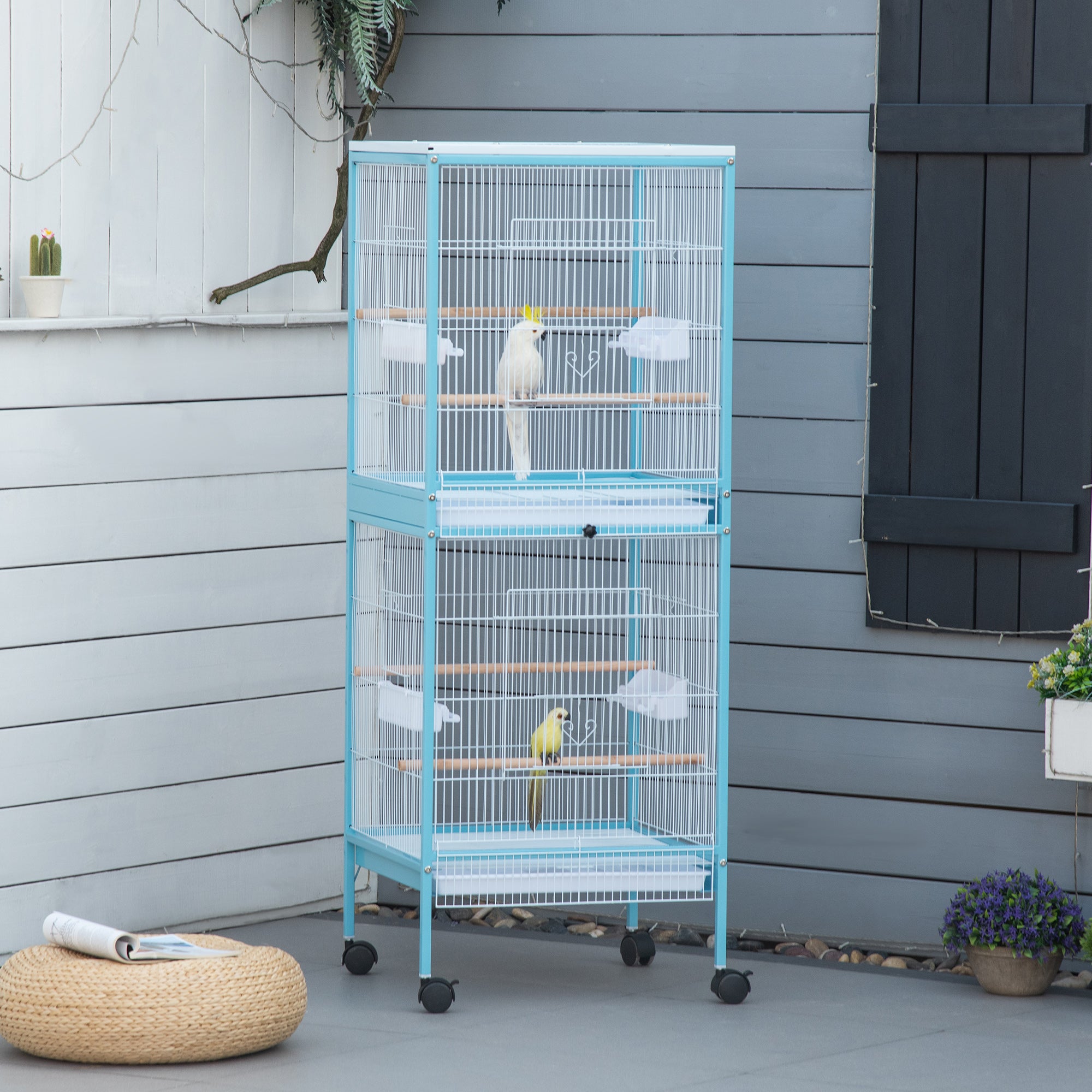55.1" 2 In 1 Bird Cage Aviary Parakeet House for finches, budgies with Wheels, Slide-out Trays, Wood Perch, Food Containers, Light Blue