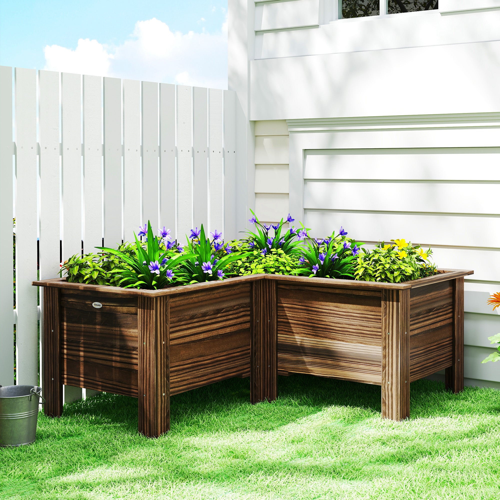 Raised Garden Bed, Wooden Elevated Planter Box Outdoor with Legs, for Vegetables, Flowers, Herbs, L-shaped, Carbonized