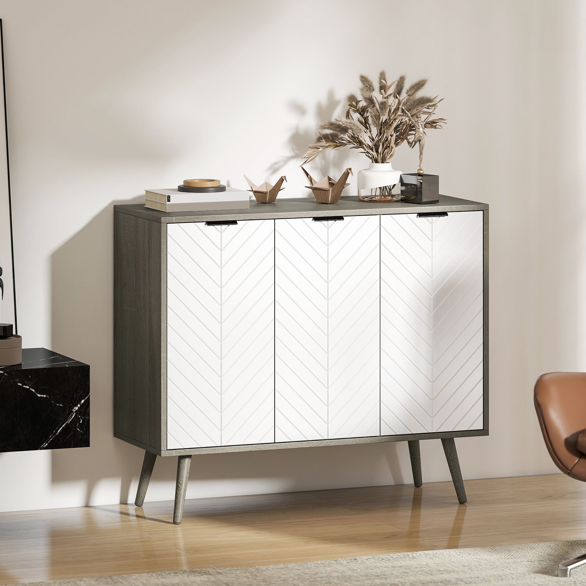 Modern Sideboard and Buffet, Dining Room Cabinet with Adjustable Shelves and 3 Doors, Grey