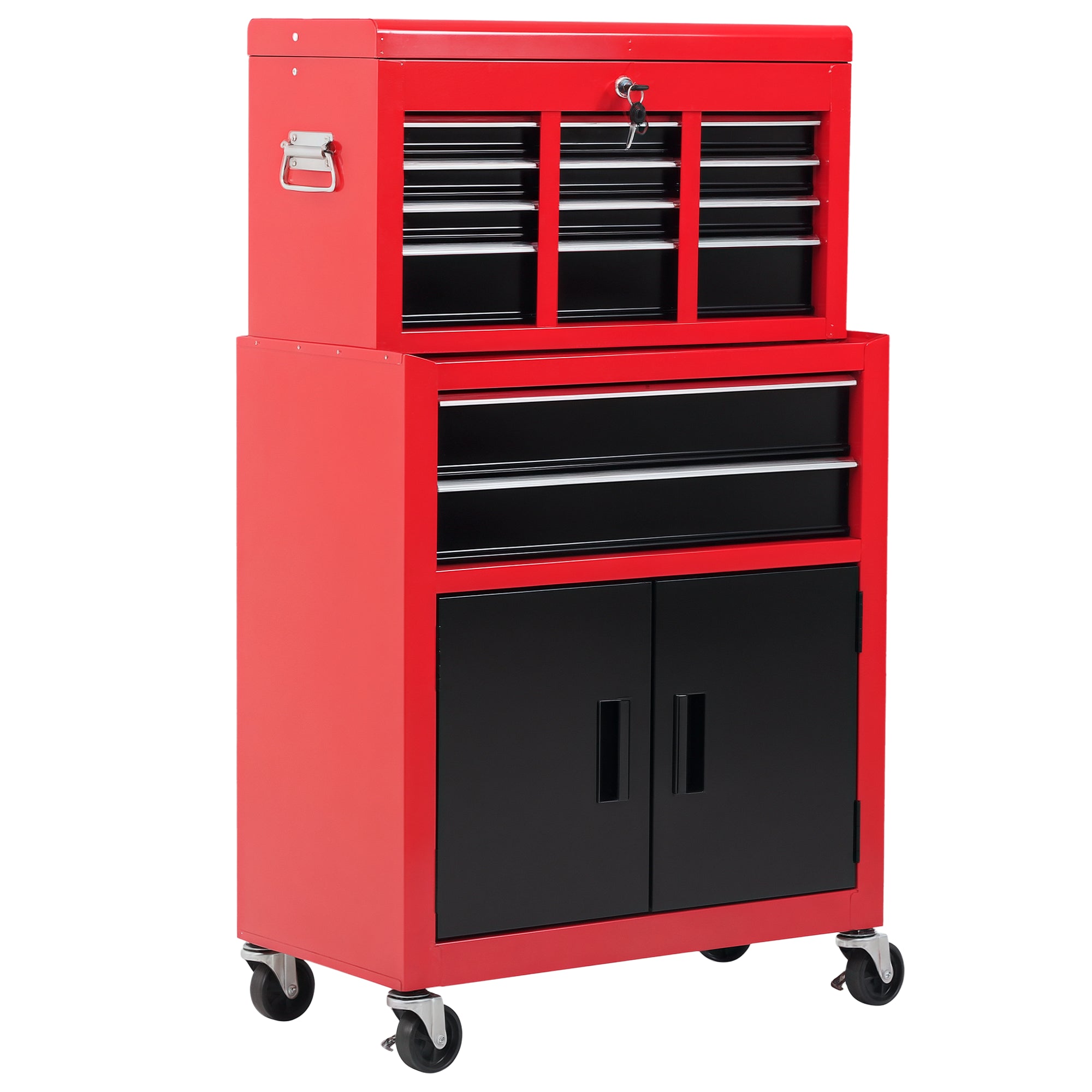 6-Drawer Rolling Tool Chest, 2 in 1 Lockable Storage Cabinet with Hooks, Metal Tool Box for Garage, Workshop, Red