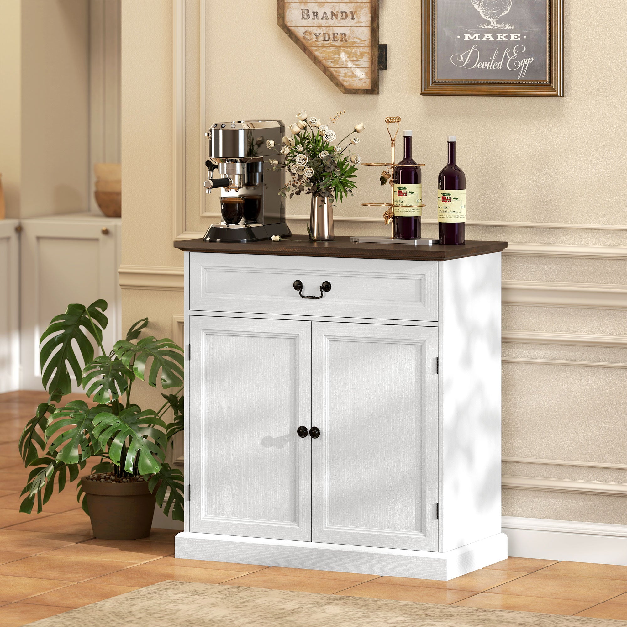 Buffet Cabinet, 32" Farmhouse Sideboard with Thick Top, Quiet Drawer and Adjustable Shelf, White Wood Grain
