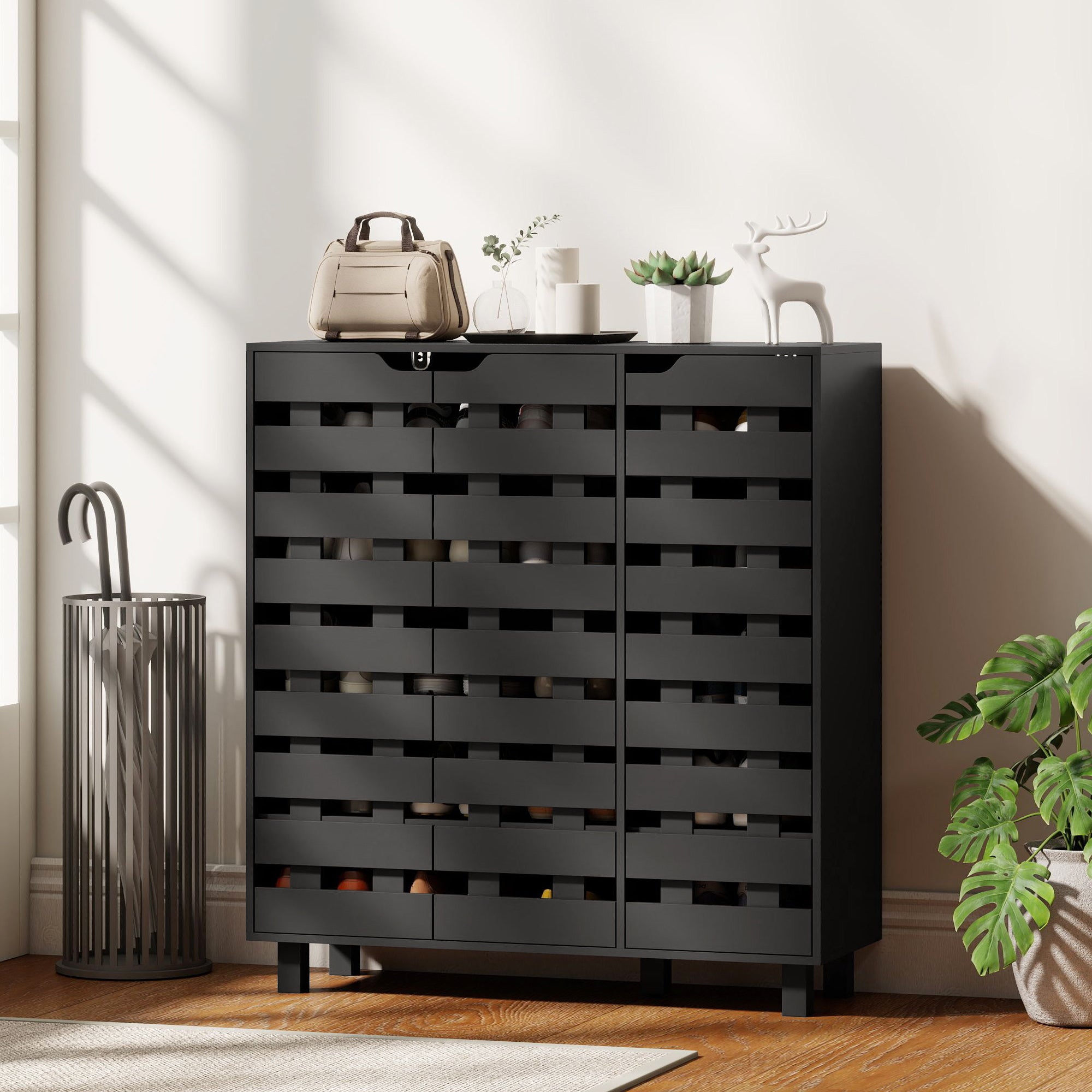 Shoe Cabinet, 20 Pair Shoe Storage Cabinet with Hollowed-Out Doors, Black