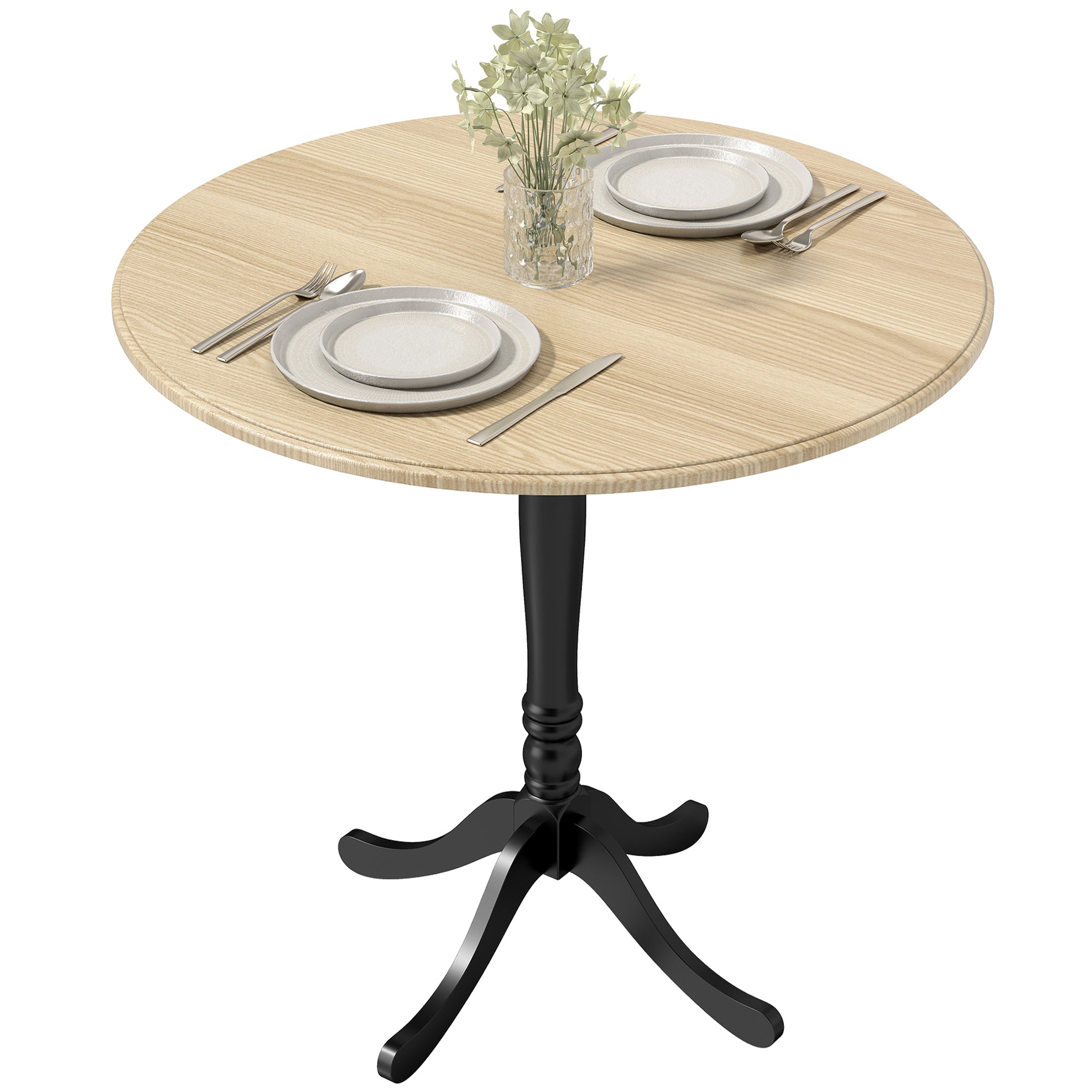 Dining Table for 2-4 People, Modern Round Kitchen Table with Pedestal Steel Base, 80cm, Natural Wood and Black