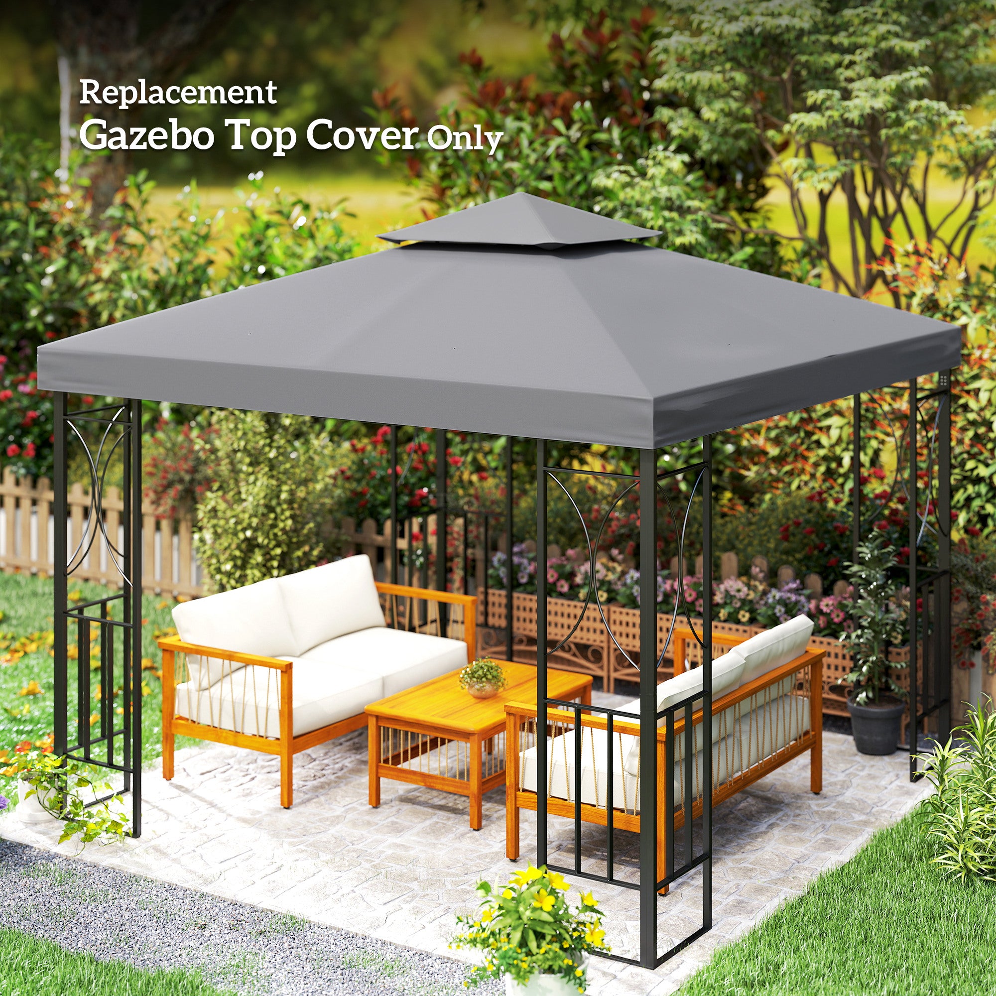10' x 10' Square 2-Tier Gazebo Canopy Replacement Top Cover Outdoor Garden Sun Shade, Dark Grey